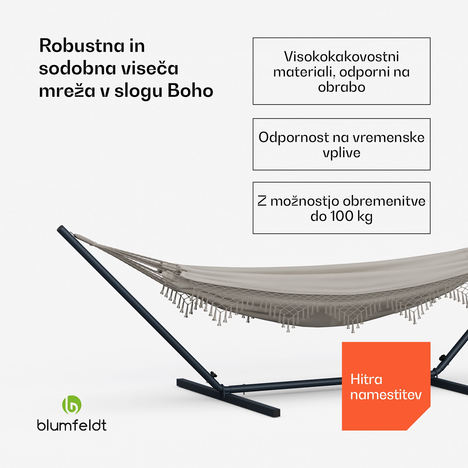 SwayStation Boho viseča mreža, 400 x 116 cm, odporna na vremenske vplive, odporna na rjo 400 cm | Krem