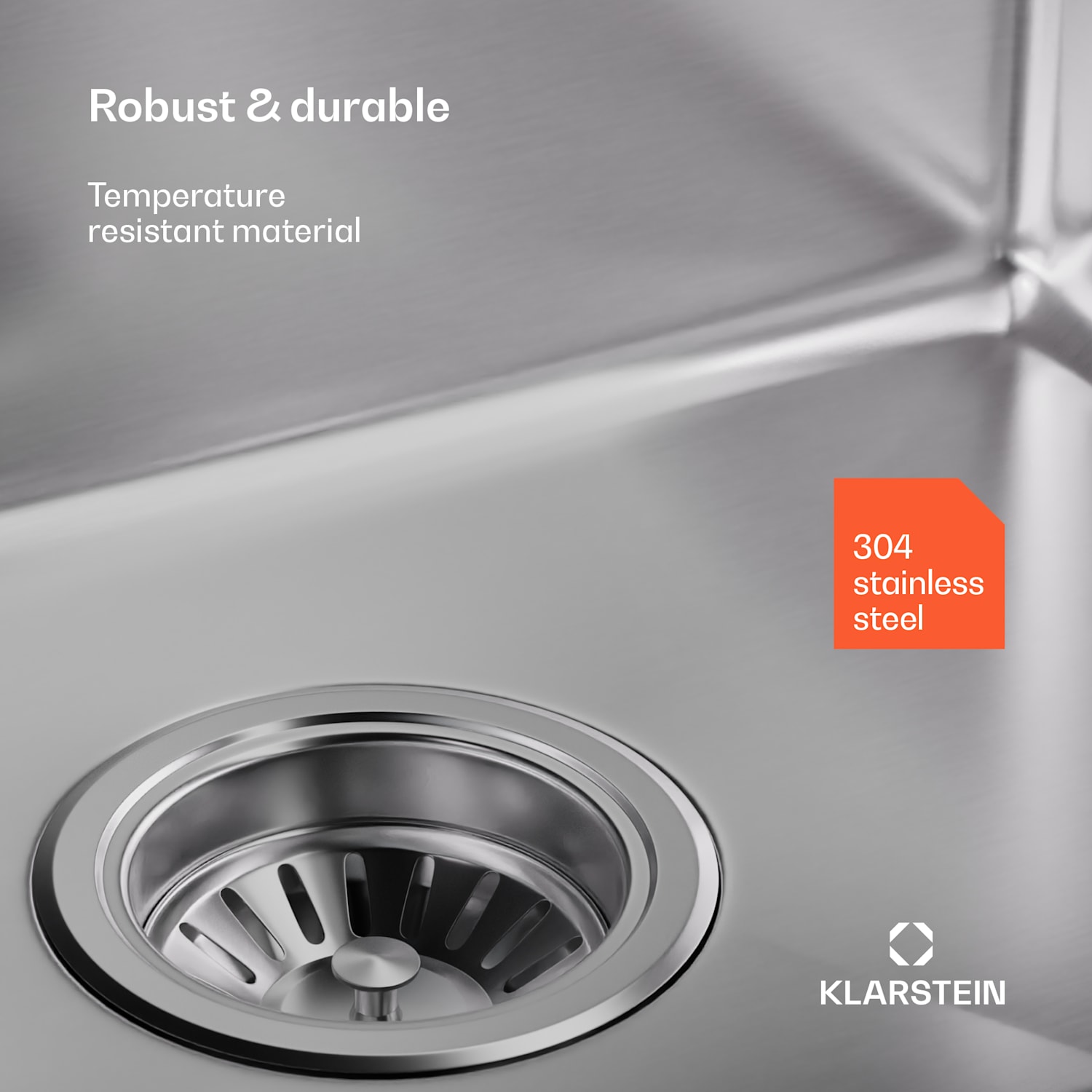 O lava-loiças TitanSteel com 45 x 45 cm (CxL) é de aço inoxidável com uma superfície resistente a riscos e ao calor 