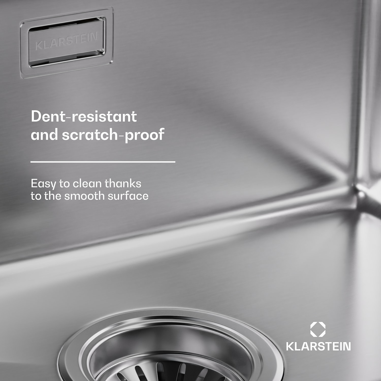 O lava-loiças TitanSteel com 45 x 45 cm (CxL) é de aço inoxidável com uma superfície resistente a riscos e ao calor 