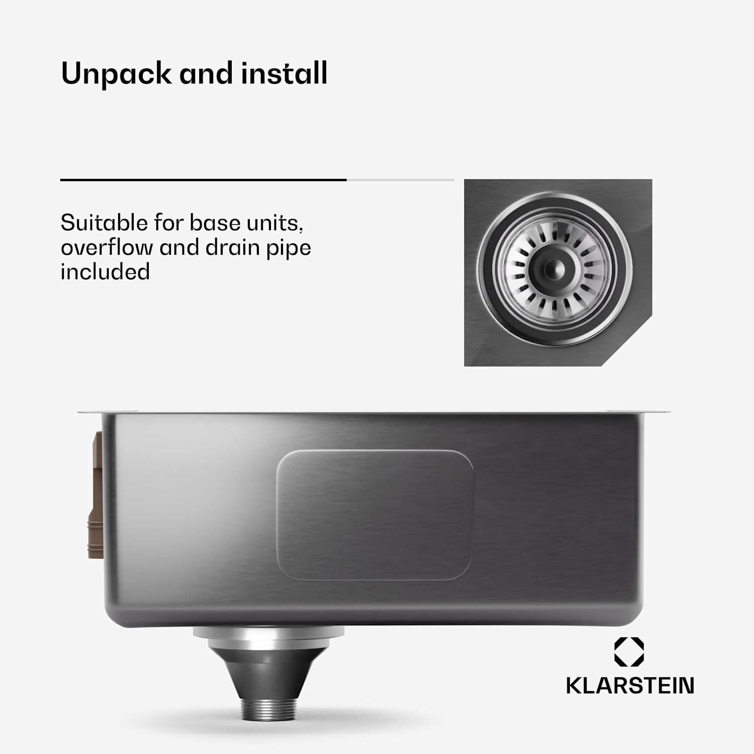 O lava-loiças TitanSteel com 45 x 45 cm (CxL) é de aço inoxidável com uma superfície resistente a riscos e ao calor 