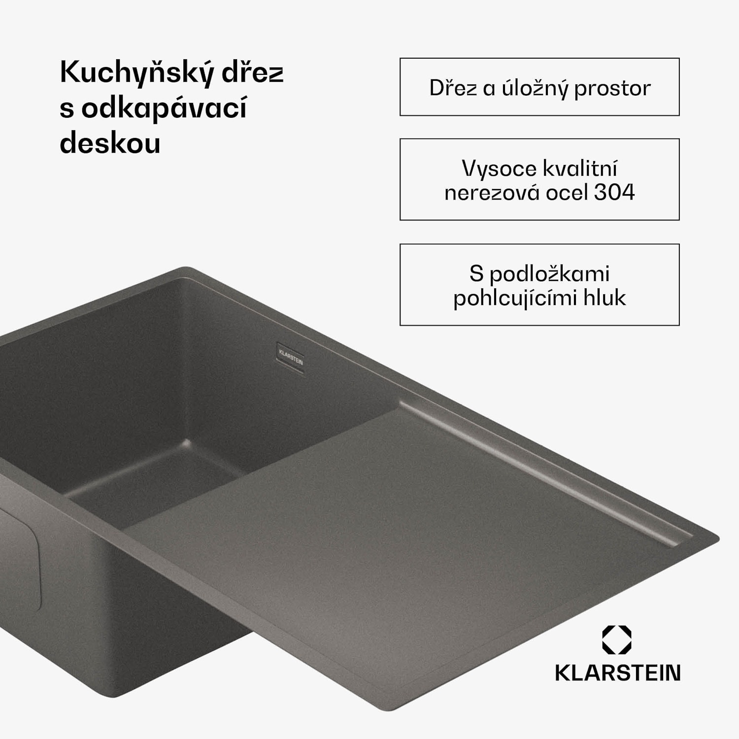 TitanSteel kuchyňský dřez s odkapávačem, 79 x 44 cm, nerezová ocel, odolný vůči poškrábání, odolný vůči teplu 35 x 40 cm | Antracit