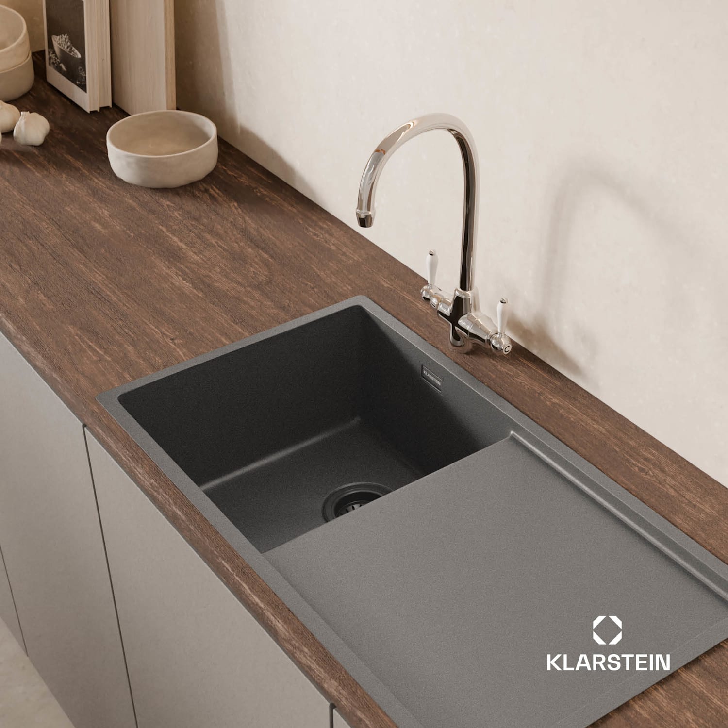 TitanSteel kuchyňský dřez s odkapávačem, 79 x 44 cm, nerezová ocel, odolný vůči poškrábání, odolný vůči teplu 35 x 40 cm | Antracit