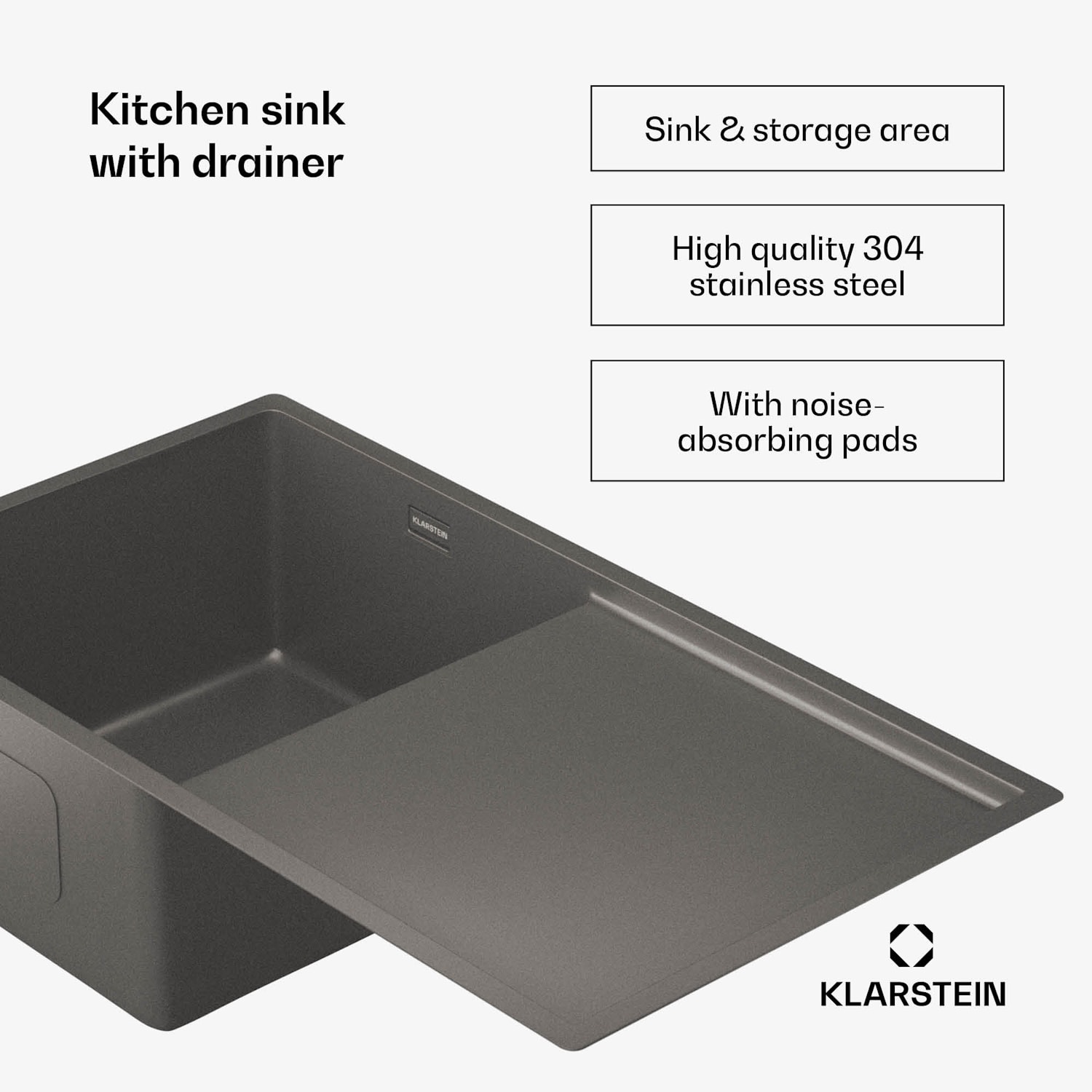 TitanSteel gootsteen met afdruipvlak | 79 x 44 cm | roestvrij | krasvast | hittebestendig 35 x 40 cm | Antraciet