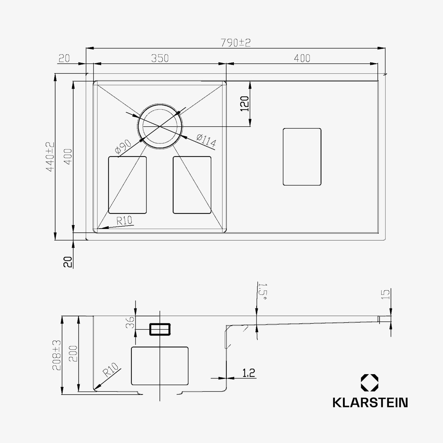 TitanSteel kuhinjski sudoper s ocjedom, 79 x 44 cm, nehrđajući čelik, otporan na ogrebotine, otporan na toplinu 