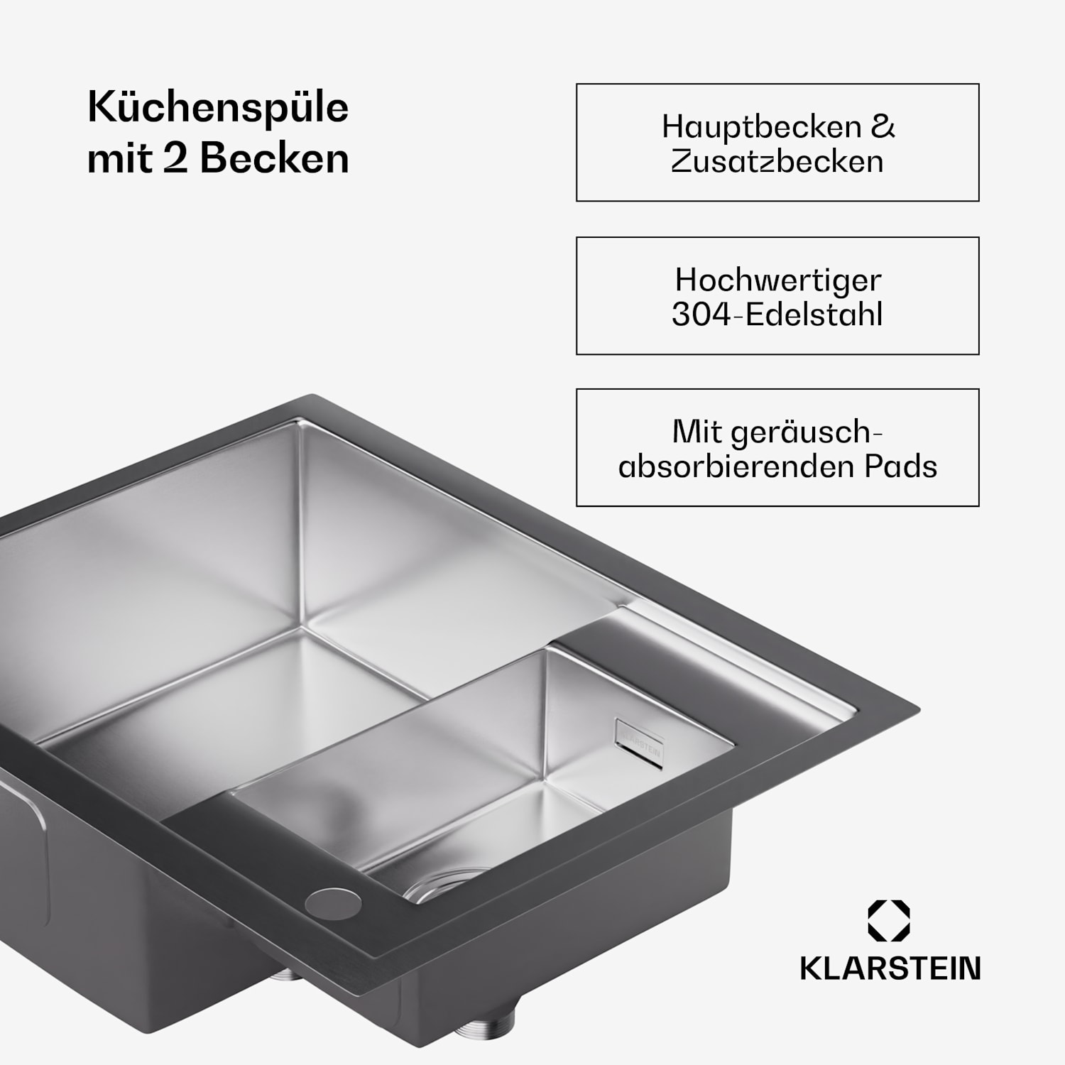 TitanSteel Evier de cuisine| 61 x 50 cm | 2 bacs | inoxydable | résistant à la chaleur 24 + 18 x 43 cm | Acier Inoxydable