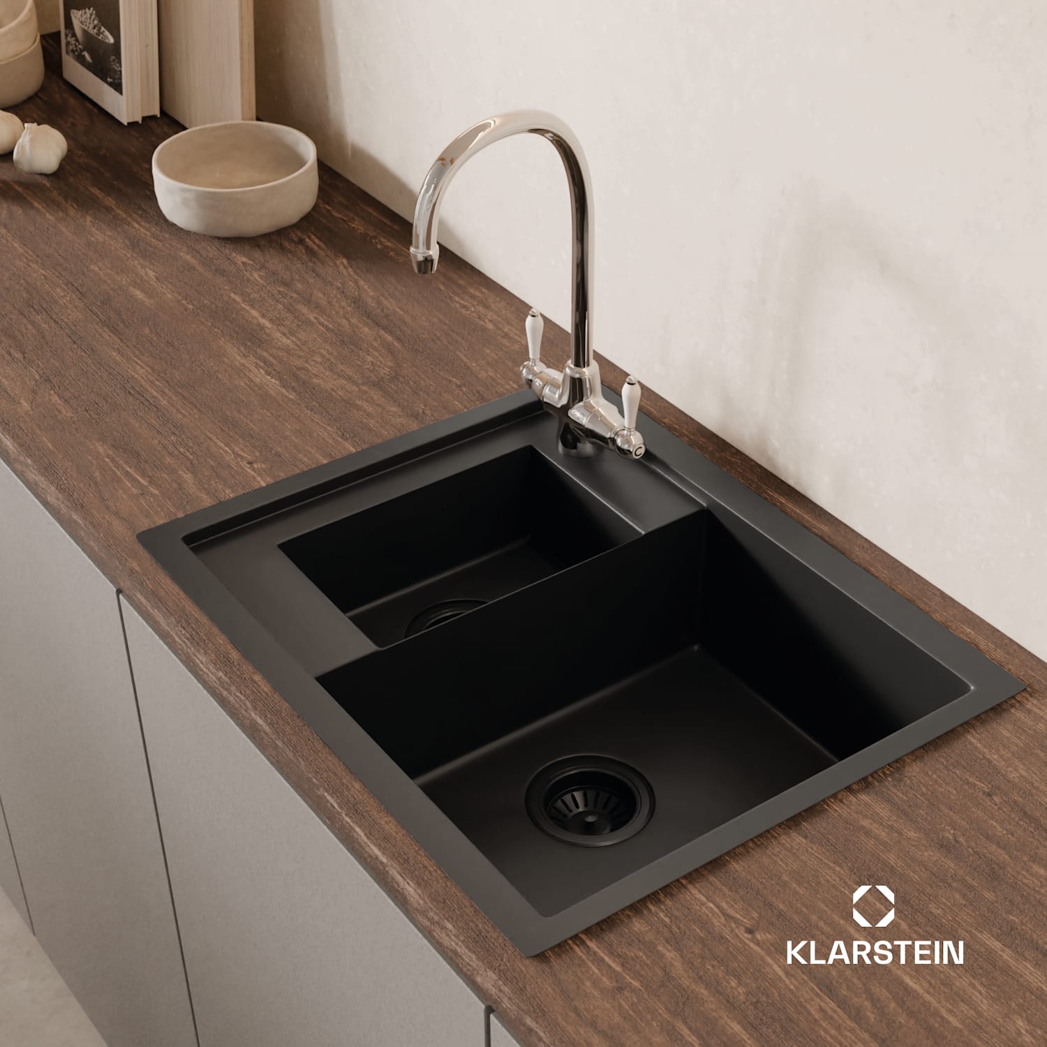 TitanSteel kuchyňský dřez, 61 x 50 cm, 2 dřezy, nerezová ocel, žáruvzdorný 24 + 18 x 43 cm | Antracit