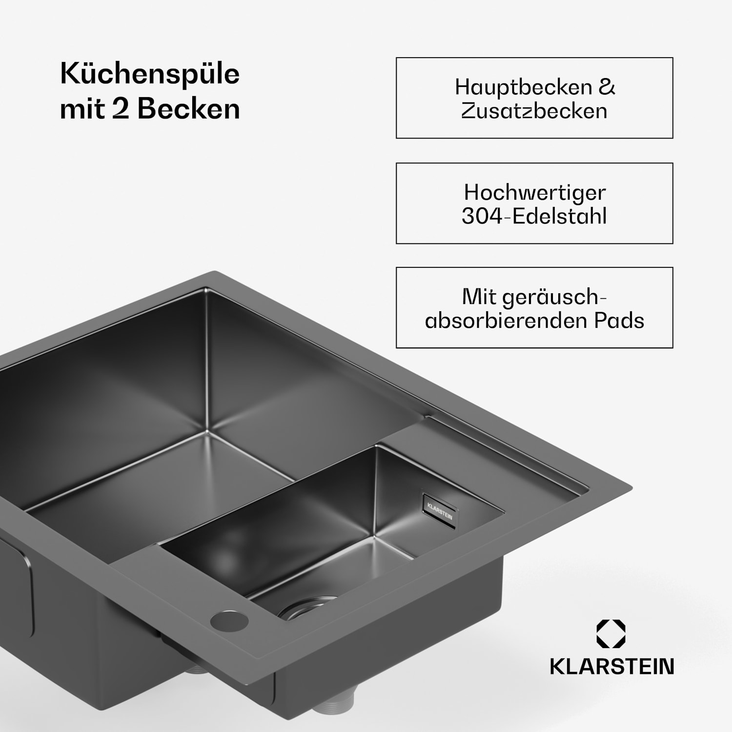 TitanSteel Küchenspüle| 61 x 50 cm | 2 Becken | rostfrei | hitzebeständig 24 + 18 x 43 cm | Anthrazit