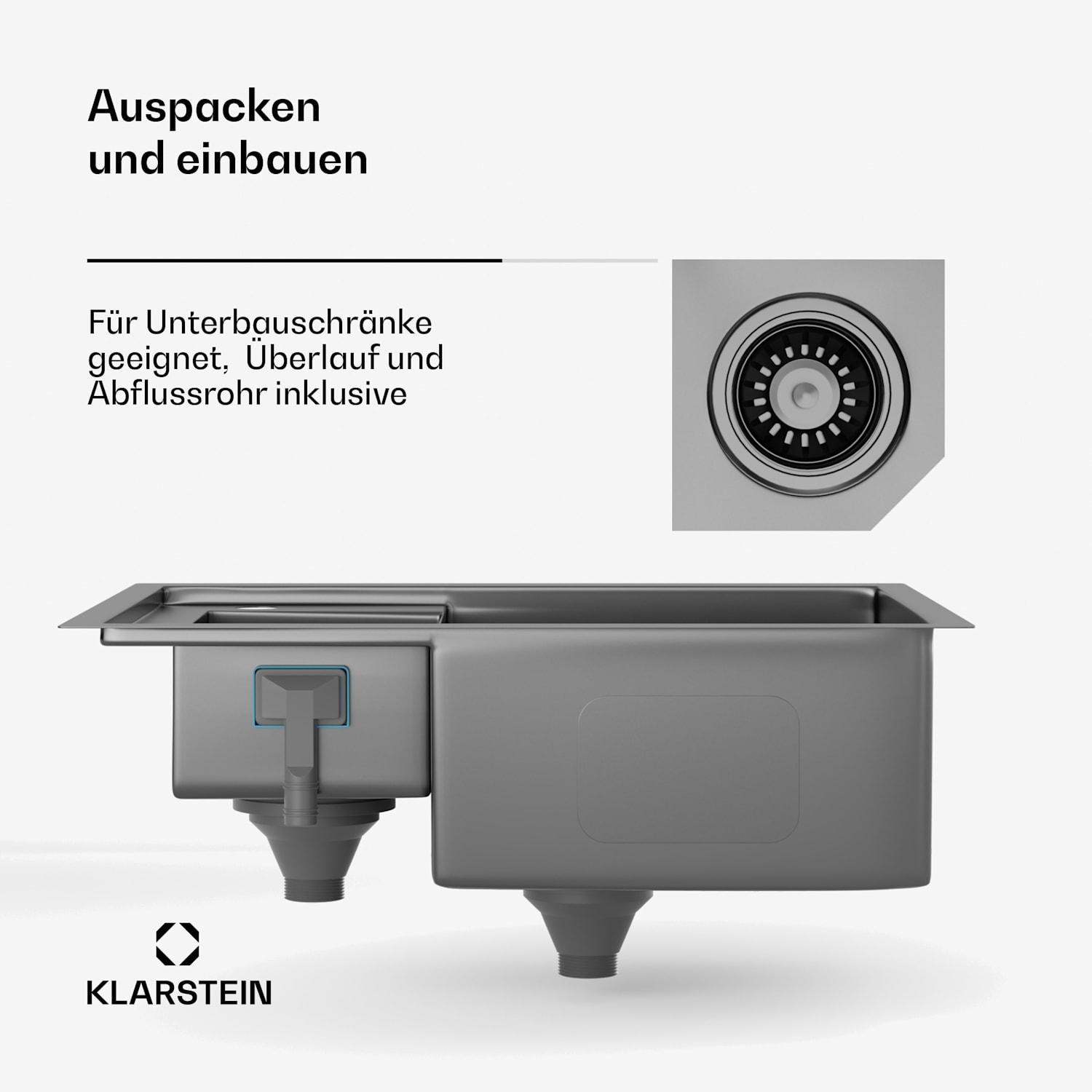 TitanSteel Küchenspüle| 61 x 50 cm | 2 Becken | rostfrei | hitzebeständig 24 + 18 x 43 cm | Anthrazit