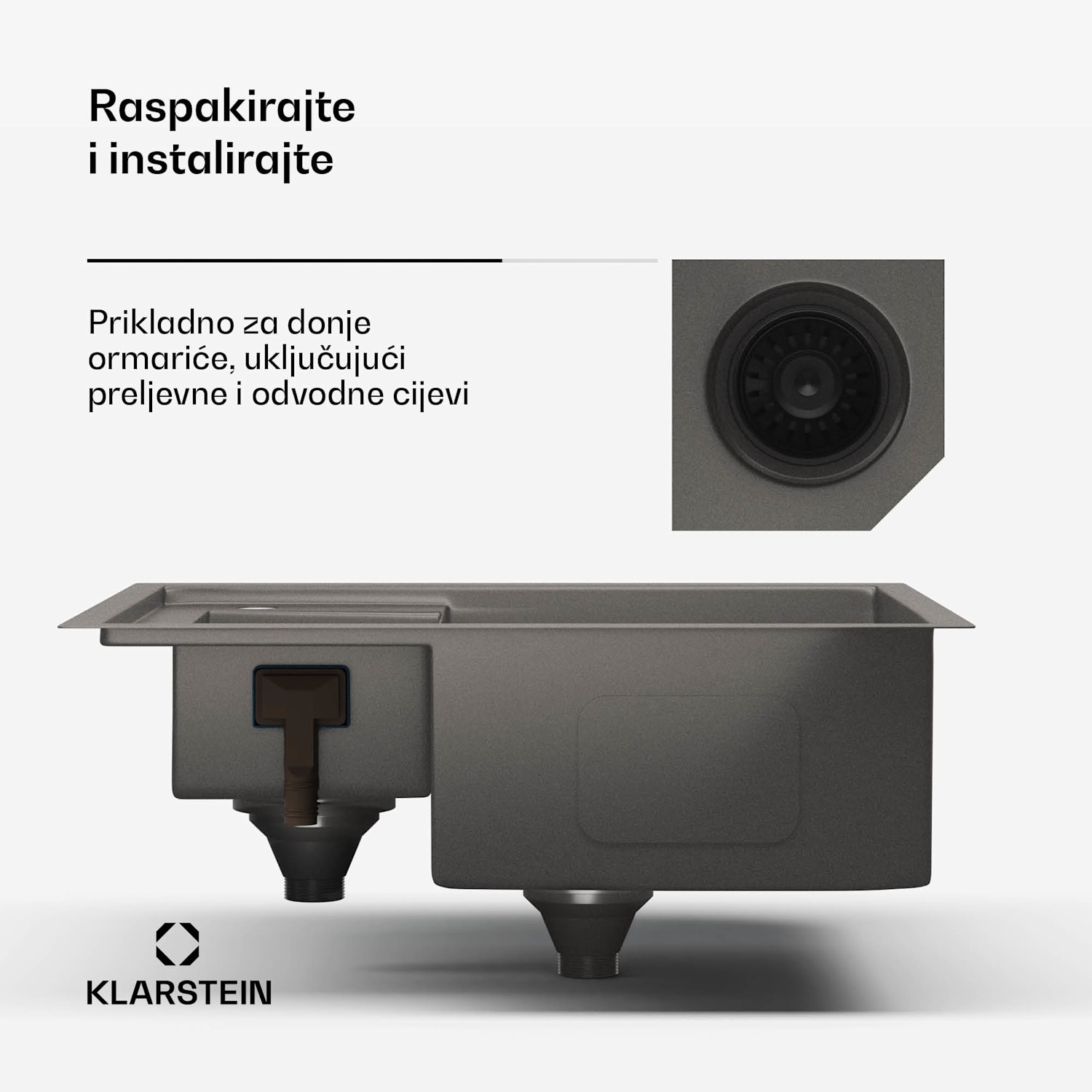 TitanSteel kuhinjski sudoper, 61 x 50 cm, 2 sudopera, nehrđajući čelik, otporan na toplinu 24 + 18 x 43 cm | Antracit