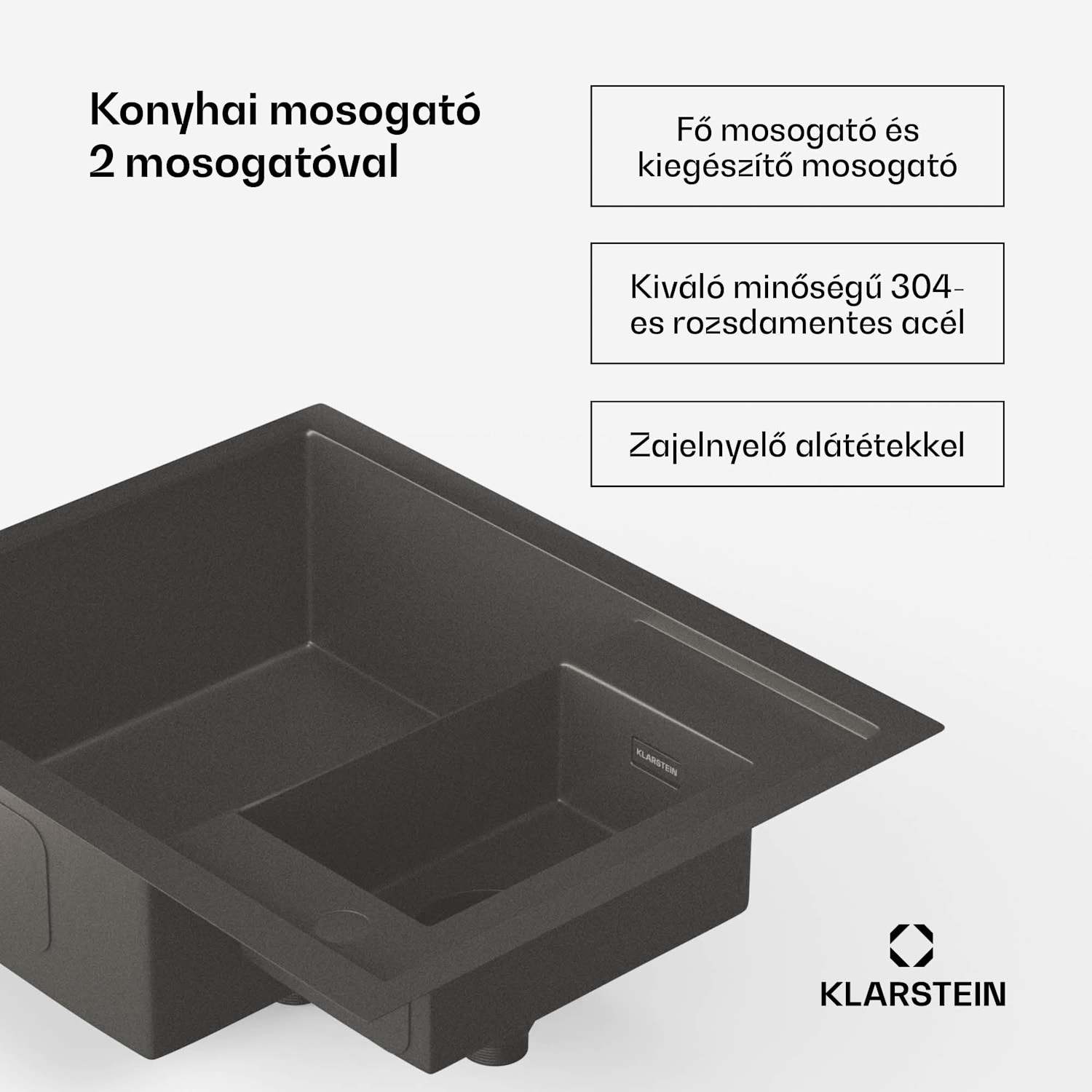 TitanSteel konyhai mosogató, 61 x 50 cm, 2 mosogató, rozsdamentes acél, tűzálló