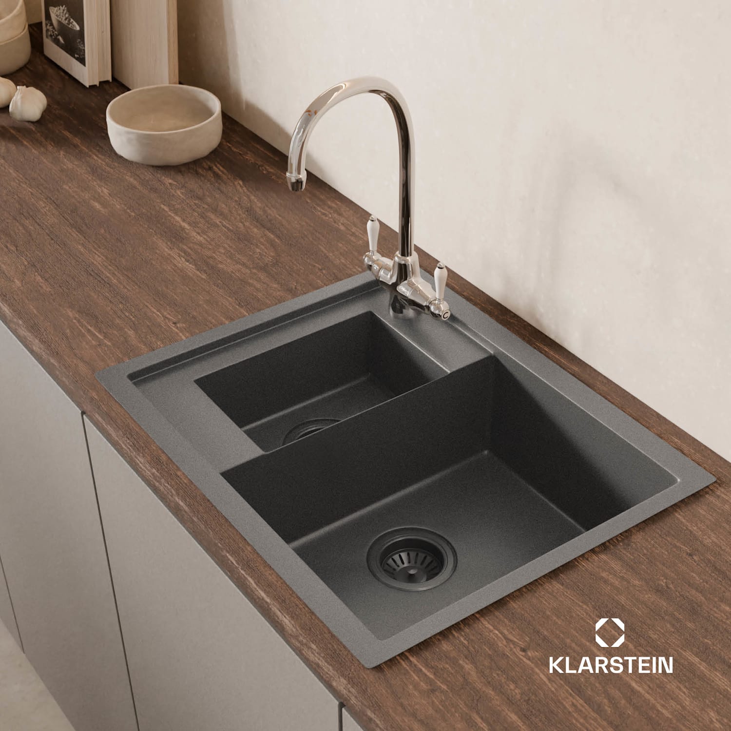 TitanSteel kuchynský drez, 61 x 50 cm, 2 umývadlá, nehrdzavejúca oceľ, žiaruvzdorný 24 + 18 x 43 cm | Antracit