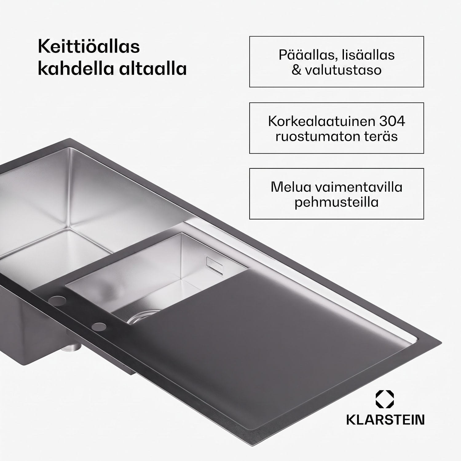 TitanSteel-tiskiallas kuivaustasolla | 100 x 45 cm | 2 allasta | ruostumaton | lämmönkestävä 100 x 45 cm | Ruostumaton Teräs