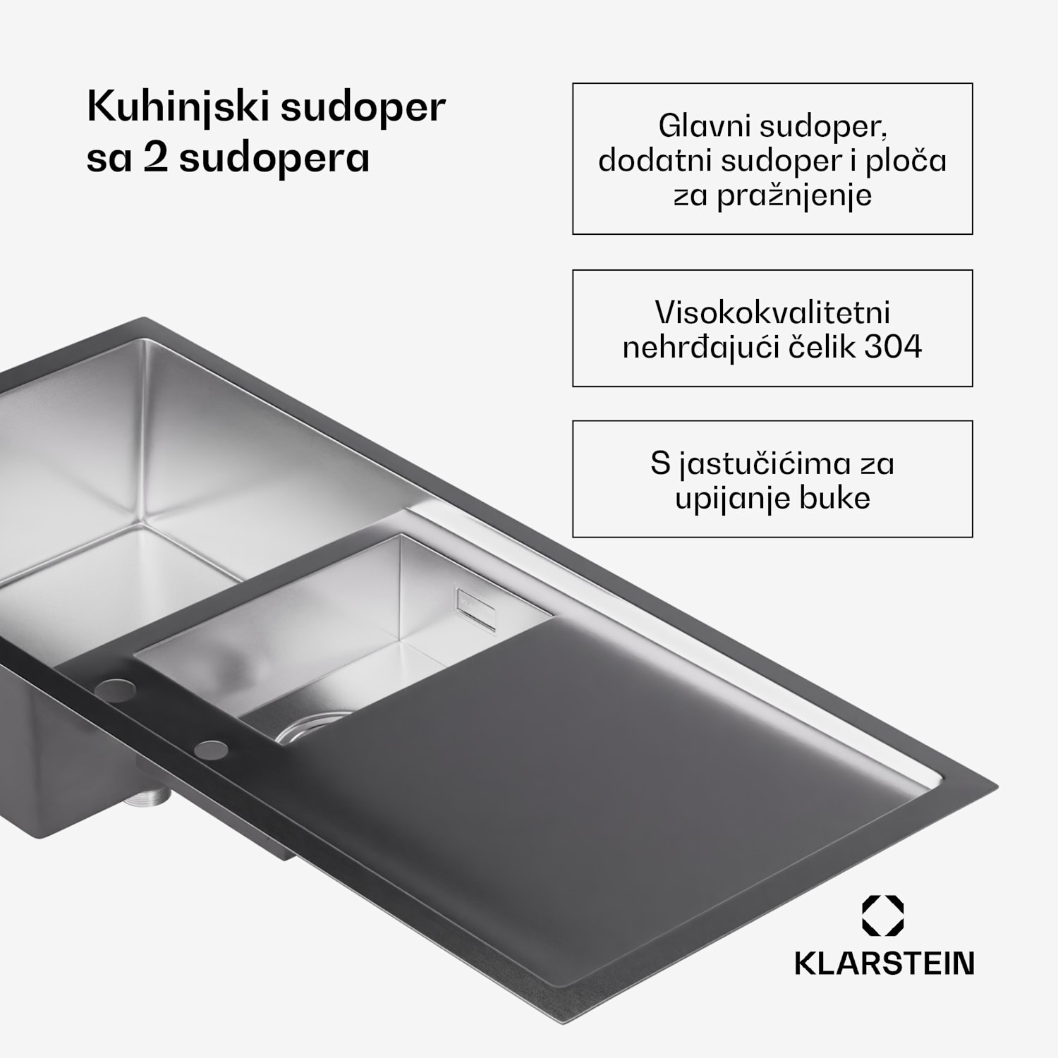 TitanSteel kuhinjski sudoper s ocjedom, 100 x 45 cm, nehrđajući čelik, otporan na ogrebotine, otporan na toplinu 