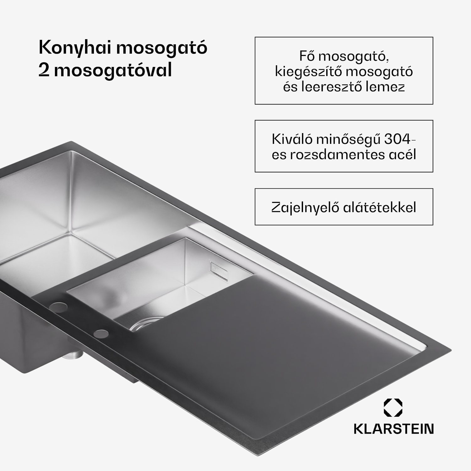 TitanSteel konyhai mosogató lefolyóval, 100 x 45 cm, 2 mosogató, rozsdamentes acél, hőálló 