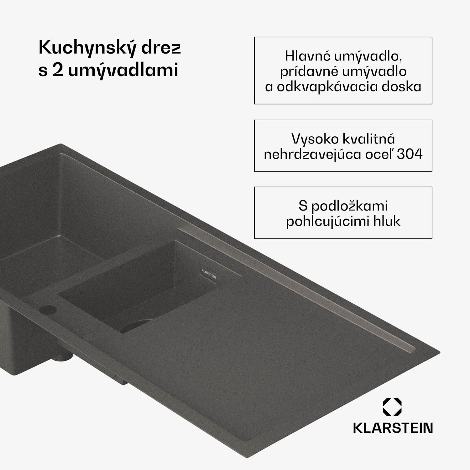 TitanSteel kuchynský drez s odkvapkávačom, 100 x 45 cm, 2 umývadlá, nehrdzavejúca oceľ, odolný voči teplu 100 x 45 cm | Antracit