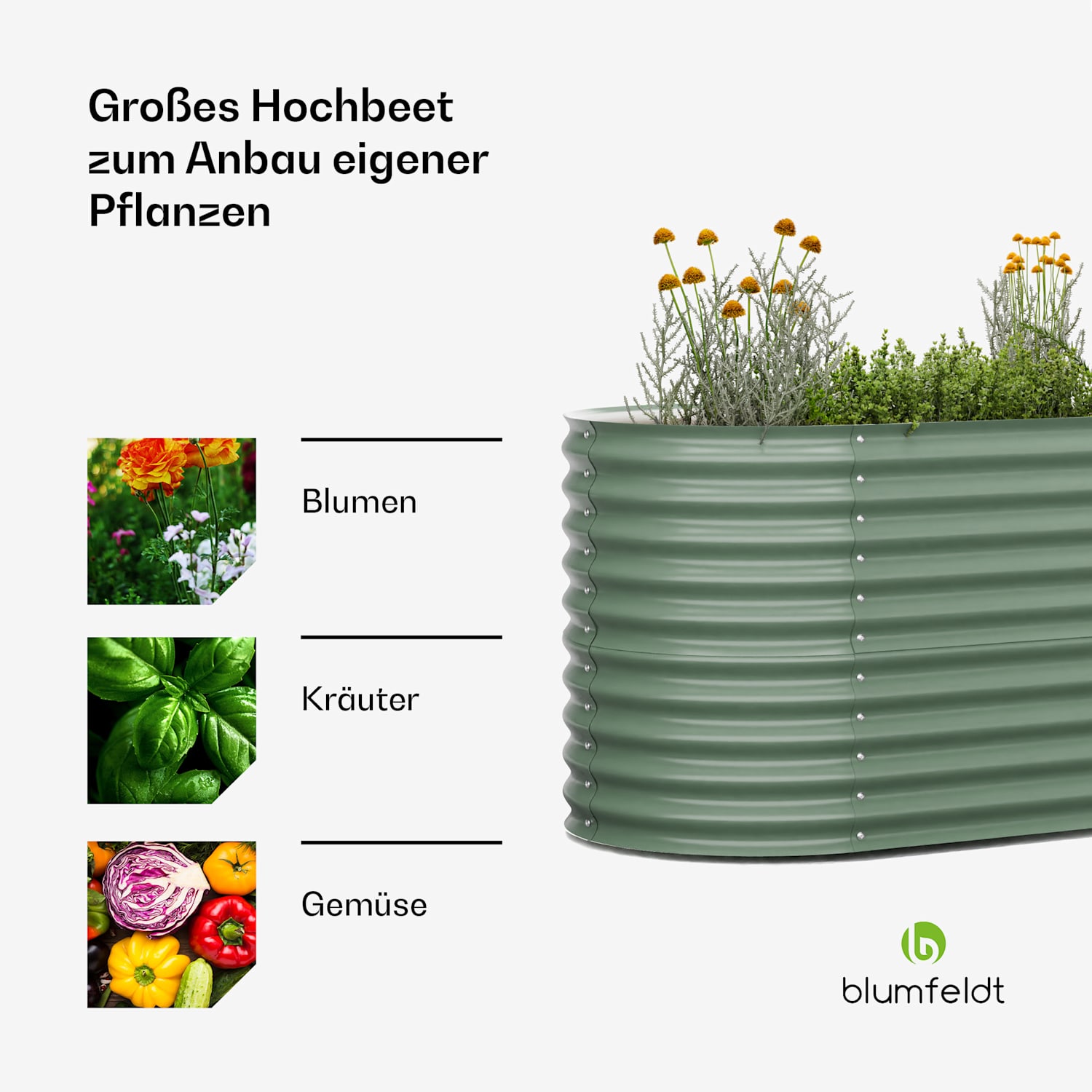 High Grow Hochbeet mit 160 x 80 x 80 cm aus Stahl-Wellblech einfacher Aufbau rost- und frostsicher 160 x 80 x 80 cm | Grün