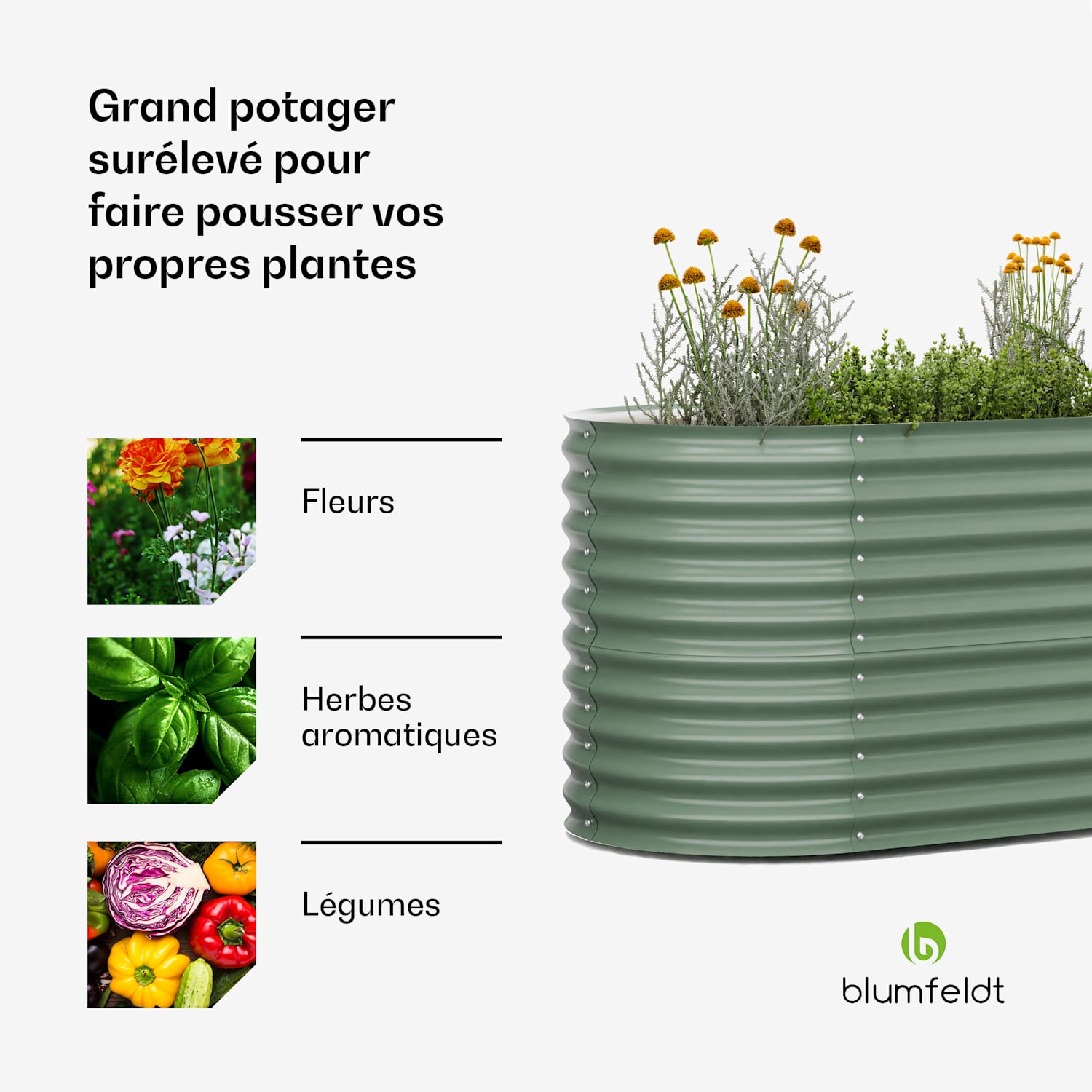 High Grow potager surélevé de 160 x 80 x 80 cm en tôle d'acier ondulée montage facile résistant à la rouille et au gel 160 x 80 x 80 cm | Vert