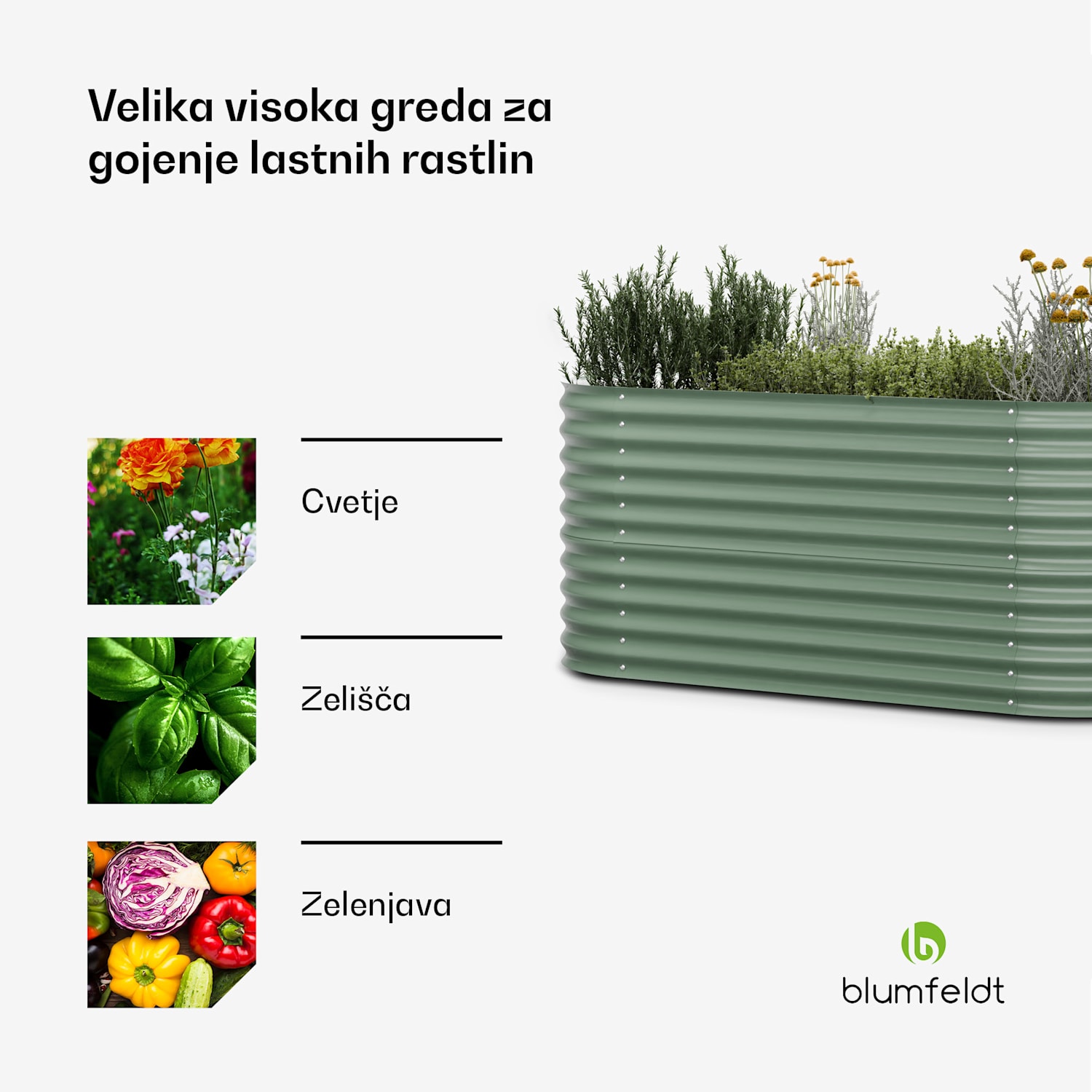 Dvignjena gredica High Grow, 200 x 80 x 100 cm, iz valovite jeklene pločevine, enostavna za montažo, odporna proti rji in mrazu 200 x 100 x 80 cm | Zelena