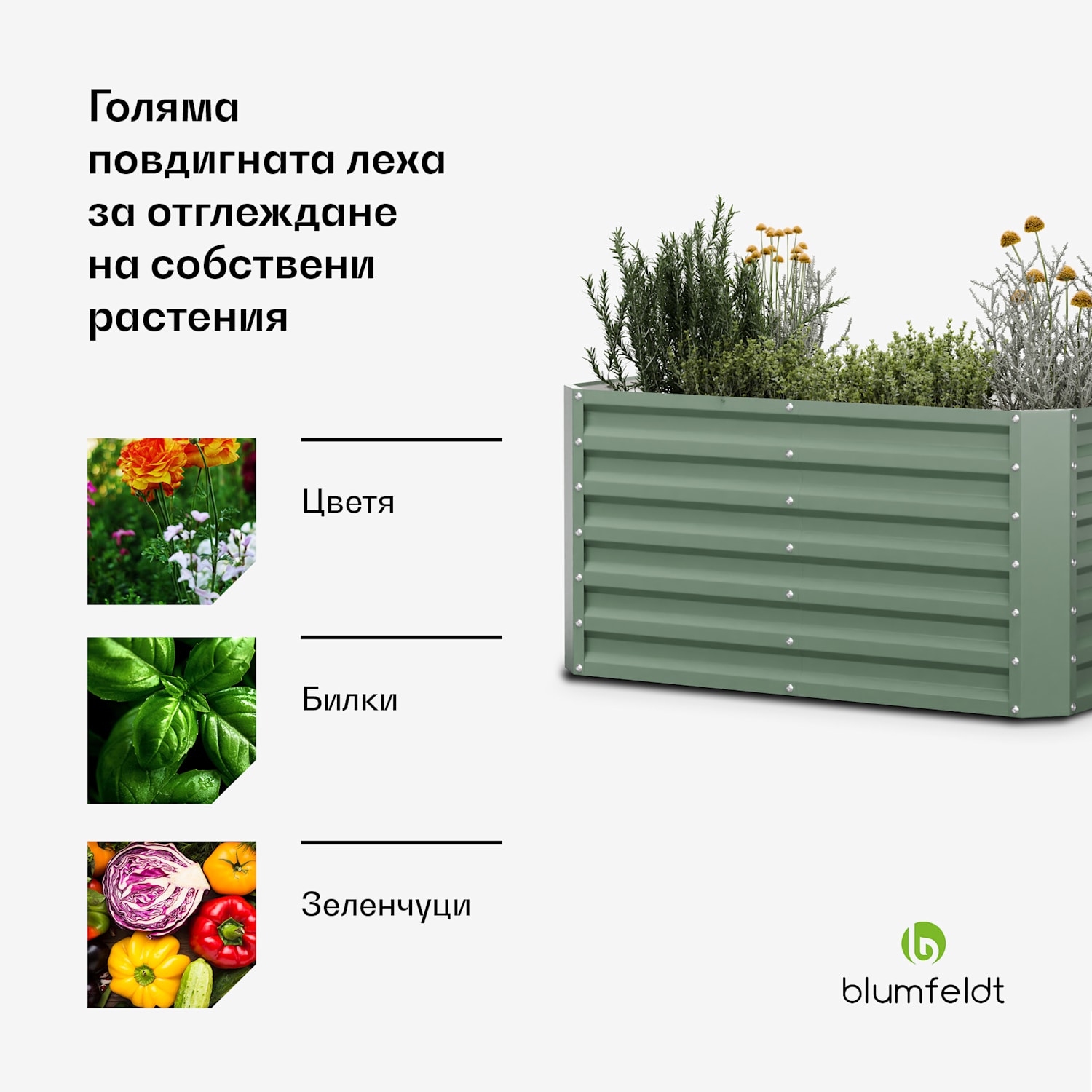 High Grow Straight, повдигната леха, 120 x 60 x 60 cm, изработена от вълнообразен стоманен лист, лесна за сглобяване, устойчива на ръжда и замръзване 120 x 60 x 60 cm | Зелен