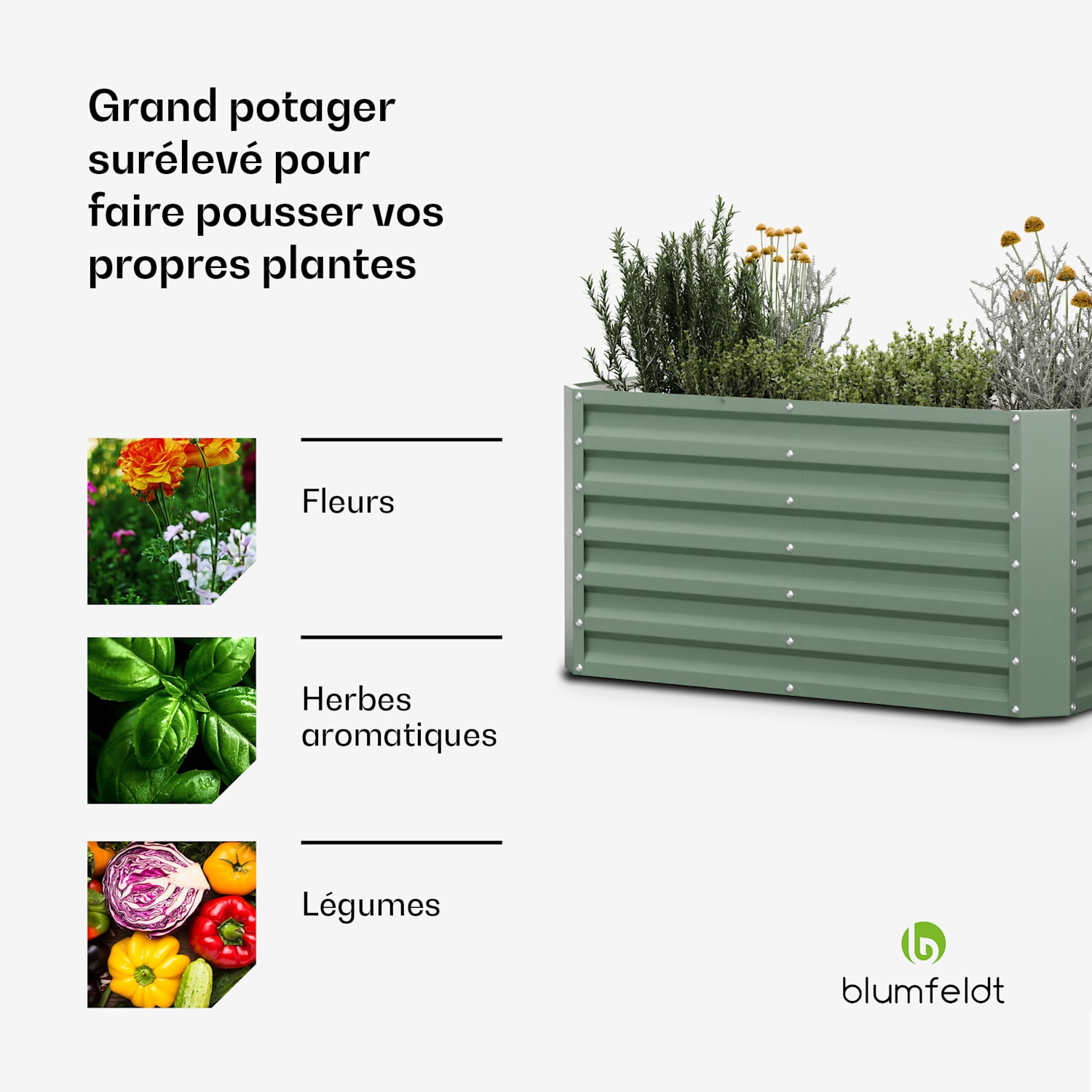 High Grow Straight potager surélevé de 120 x 60 x 60 cm en tôle d'acier ondulée montage facile résistant à la rouille et au gel 