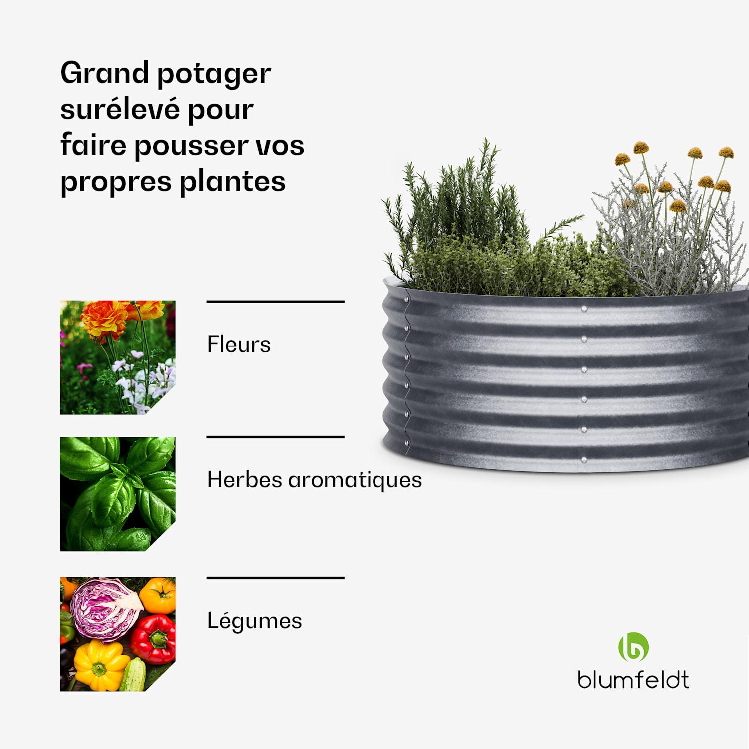 High Grow Half Circle hoge kweekbak 105 x 43 x 60cm stalen golfplaat eenvoudige opbouw roest- en vorstvrij 105 x 60 x 43 cm | Zilver