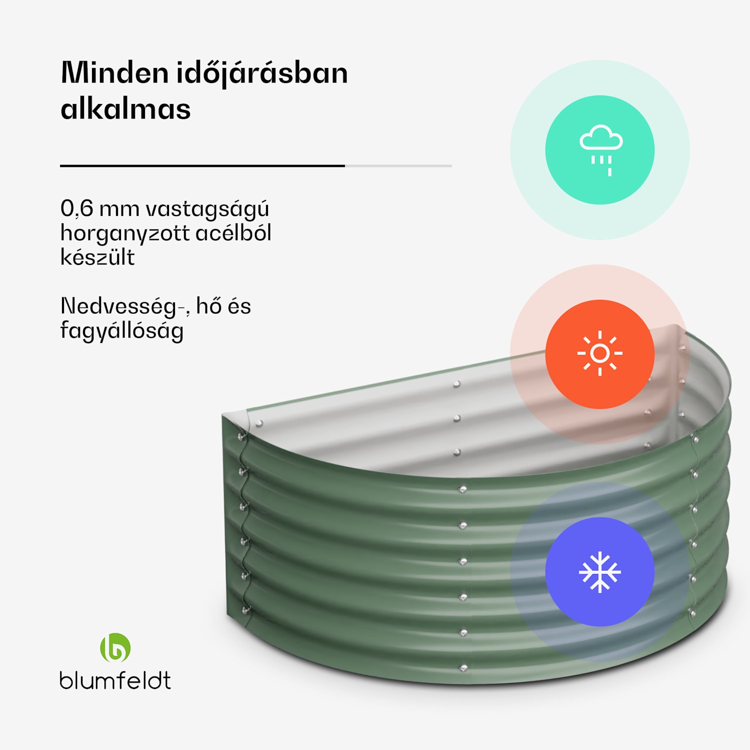 High Grow Half Circle, félkör alakú magaságyás, 105x43x60 cm, hullámos acéllemezből, egyszerű összeszerelés, rozsda- és fagyálló 105 x 60 x 43 cm | Zöld