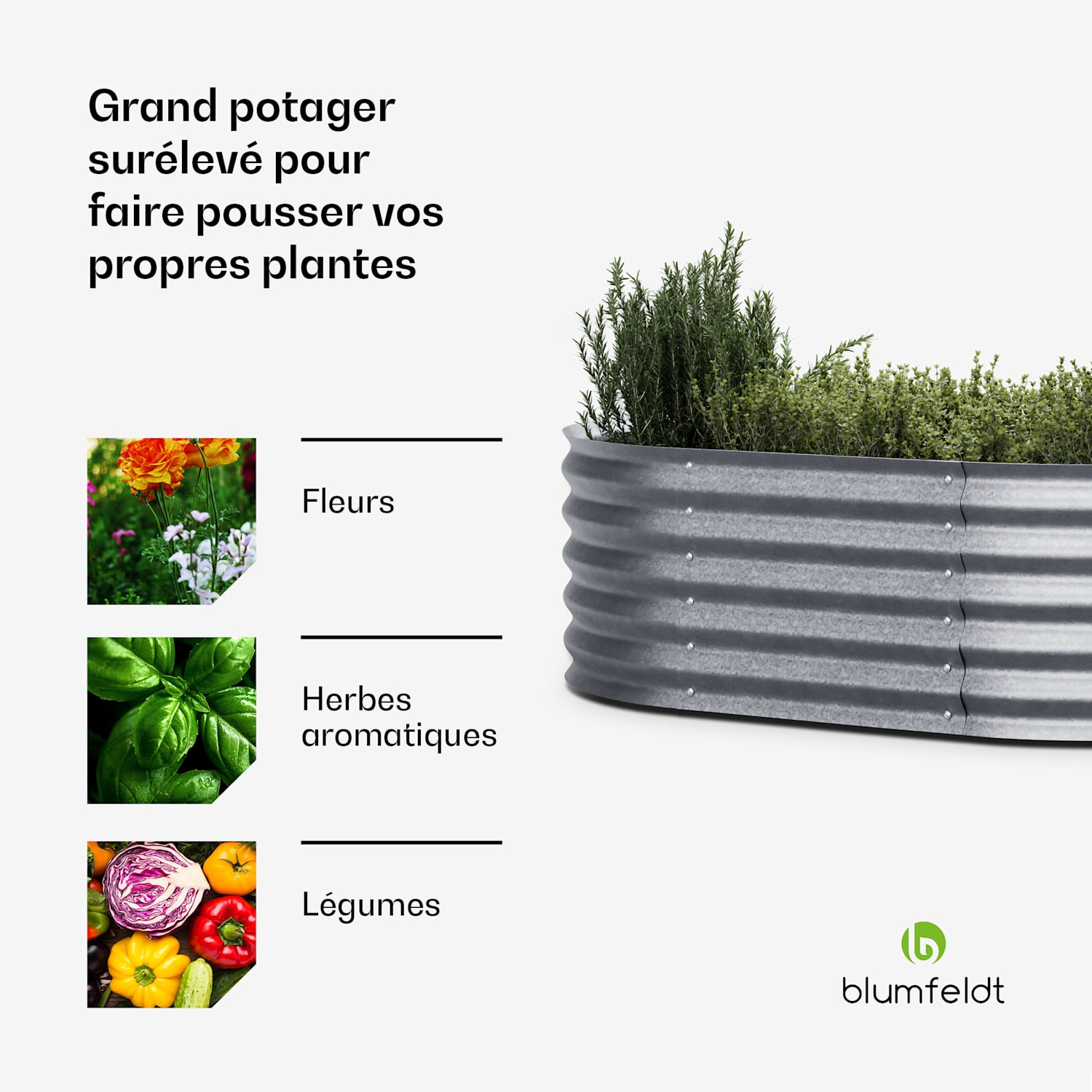High Grow Extended hoge kweekbak 150 x 43 x 60cm stalen golfplaat eenvoudige opbouw roest- en vorstvrij 150 x 60 x 43 cm | Zilver