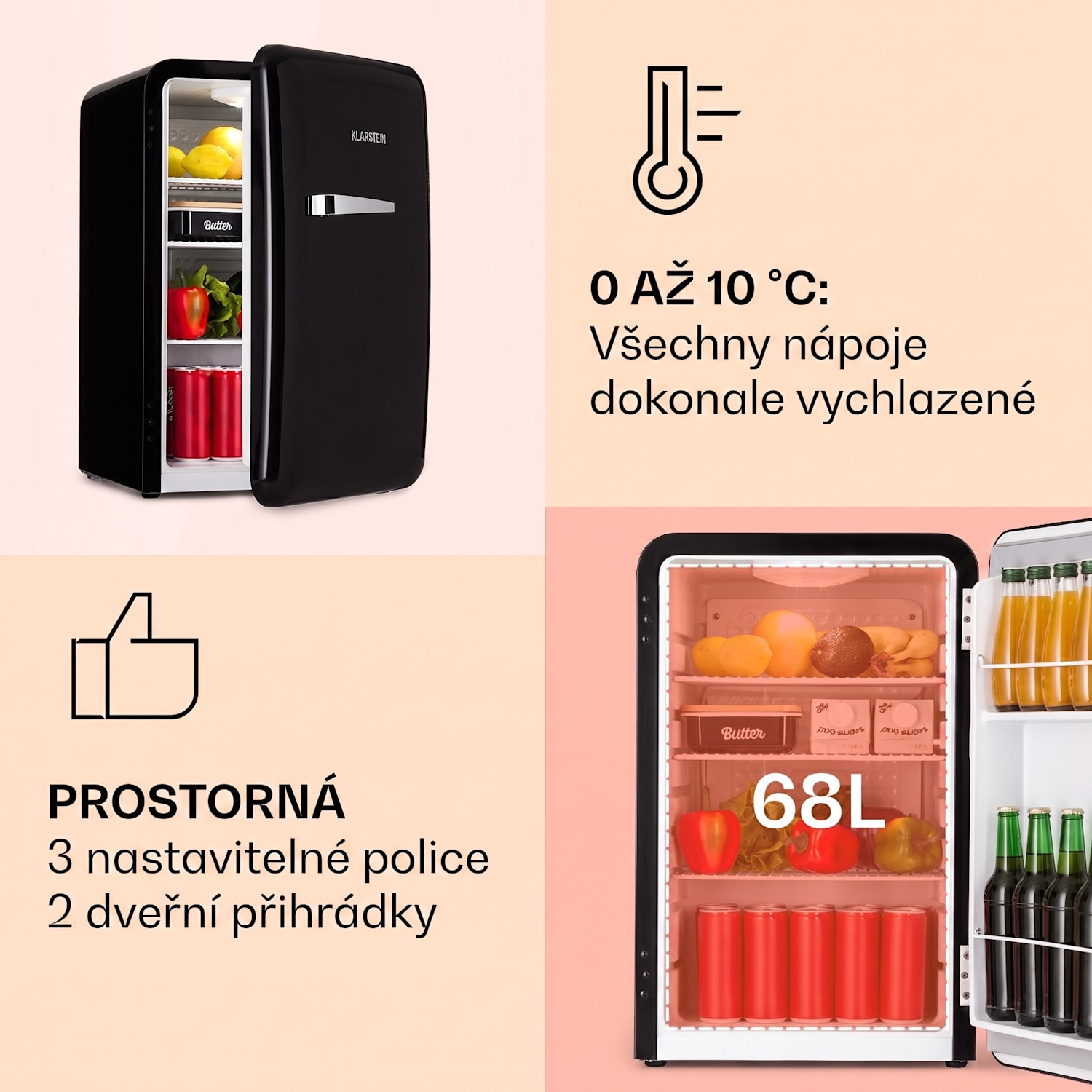 Audrey Retro, lednice, 70 l, 3 police, 2 přihrádky ve dveřích, vnitřní osvětlení 70 Ltr | Černá