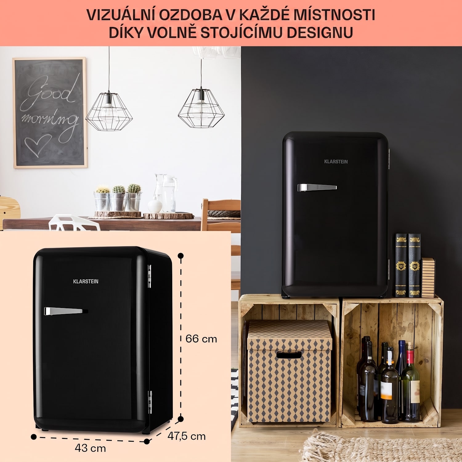 Audrey Retro, lednice, 70 l, 3 police, 2 přihrádky ve dveřích, vnitřní osvětlení 70 Ltr | Černá