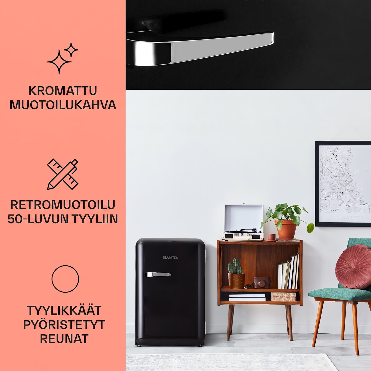 Audrey retro-jääkaappi 70 litraa 3 hyllyä 2 ovihyllyä sisävalaistus 70 l | Musta