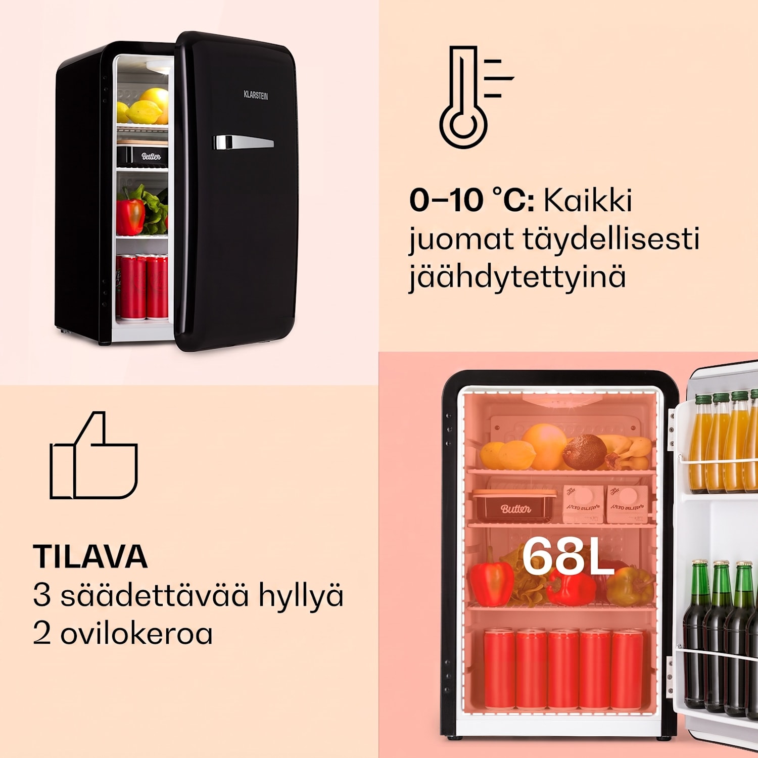 Audrey retro-jääkaappi 70 litraa 3 hyllyä 2 ovihyllyä sisävalaistus 70 l | Musta