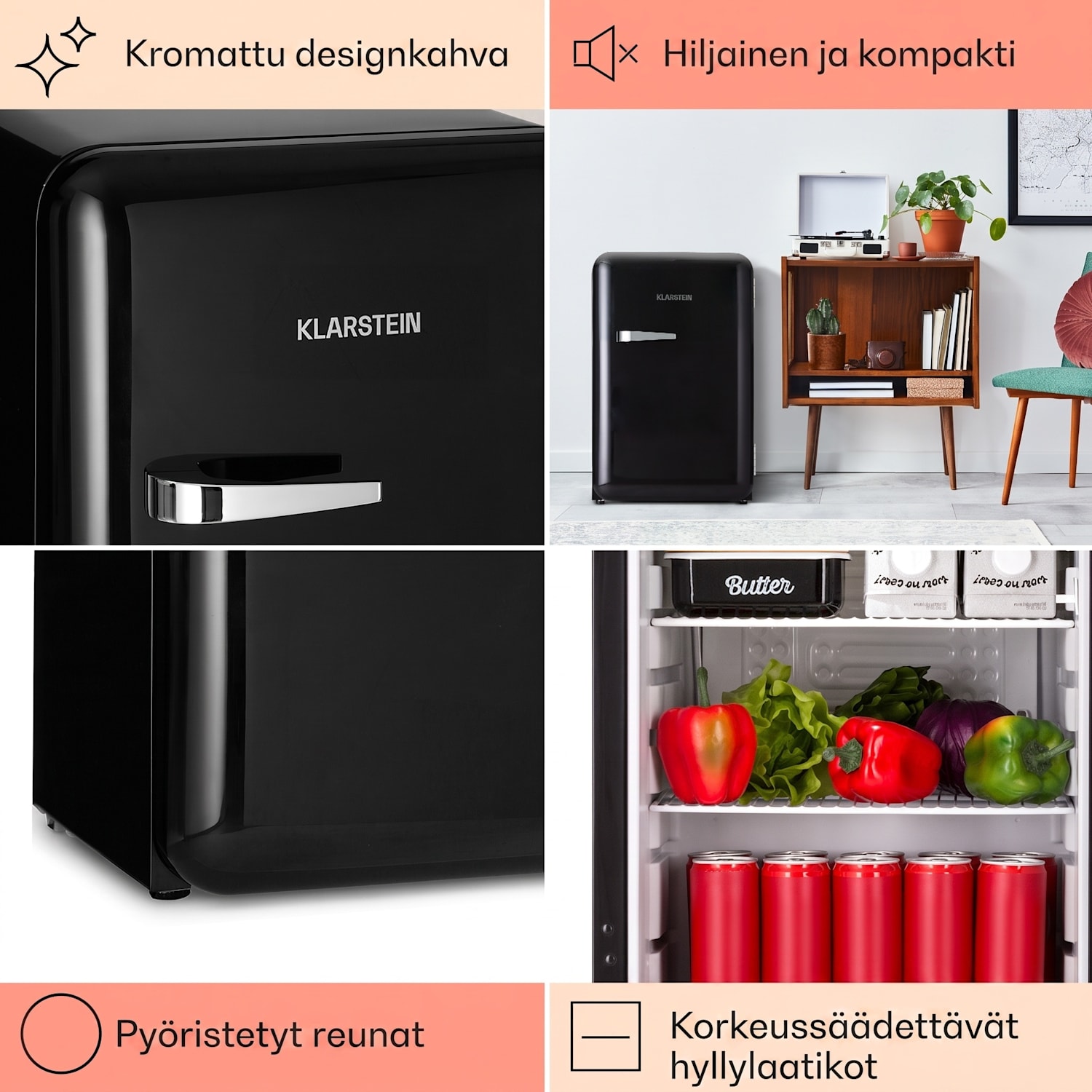 Audrey retro-jääkaappi 70 litraa 3 hyllyä 2 ovihyllyä sisävalaistus 70 l | Musta