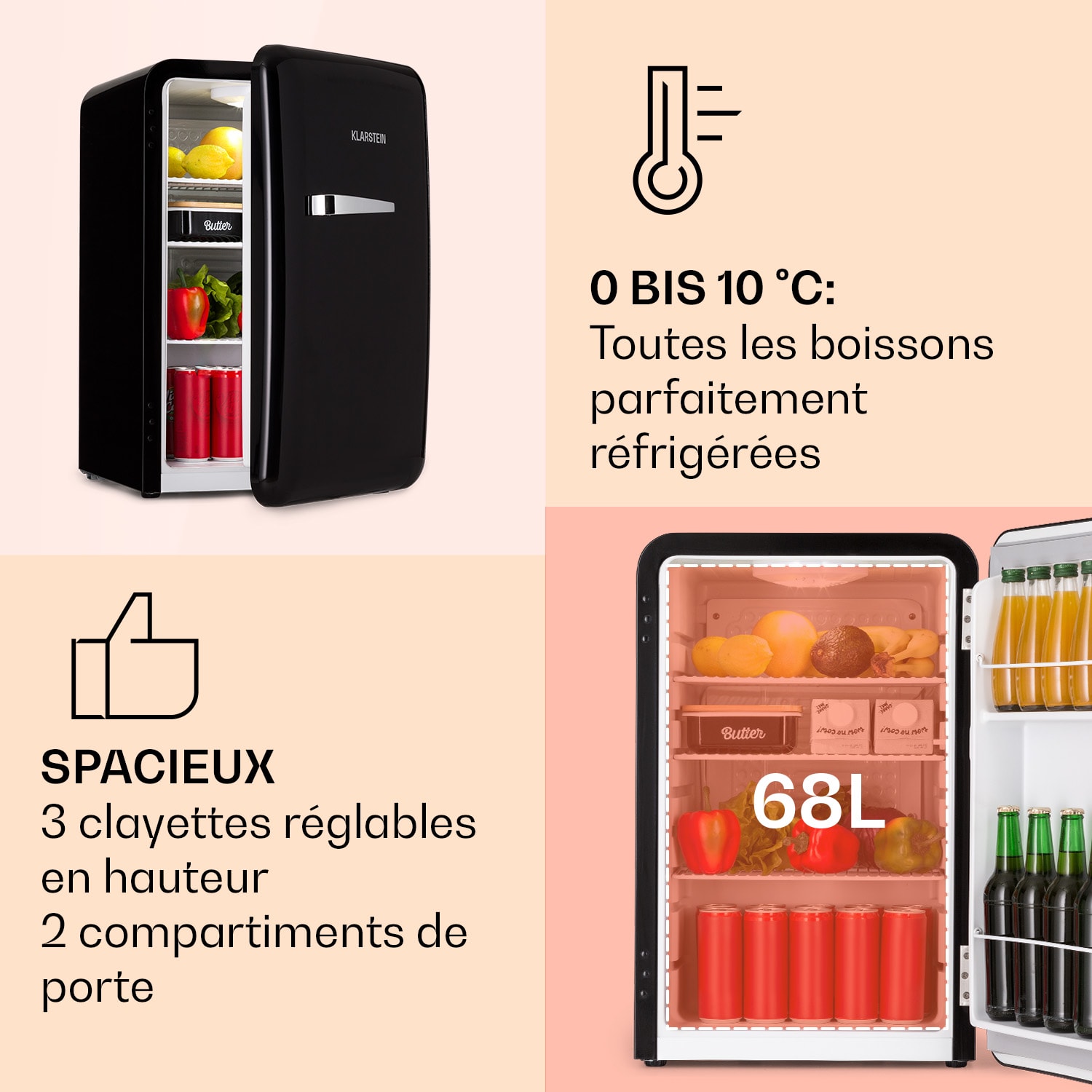 Audrey retro koelkast 70 liter 3 schappen 2 deurvakken binnenverlichting 70 ltr | Zwart