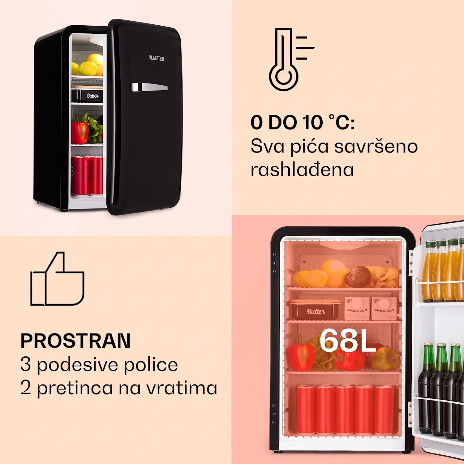 Audrey, retro hladnjak, 70 litara, 3 police, 2 pretinca u vratima, unutarnja rasvjeta 70 Ltr | Crna