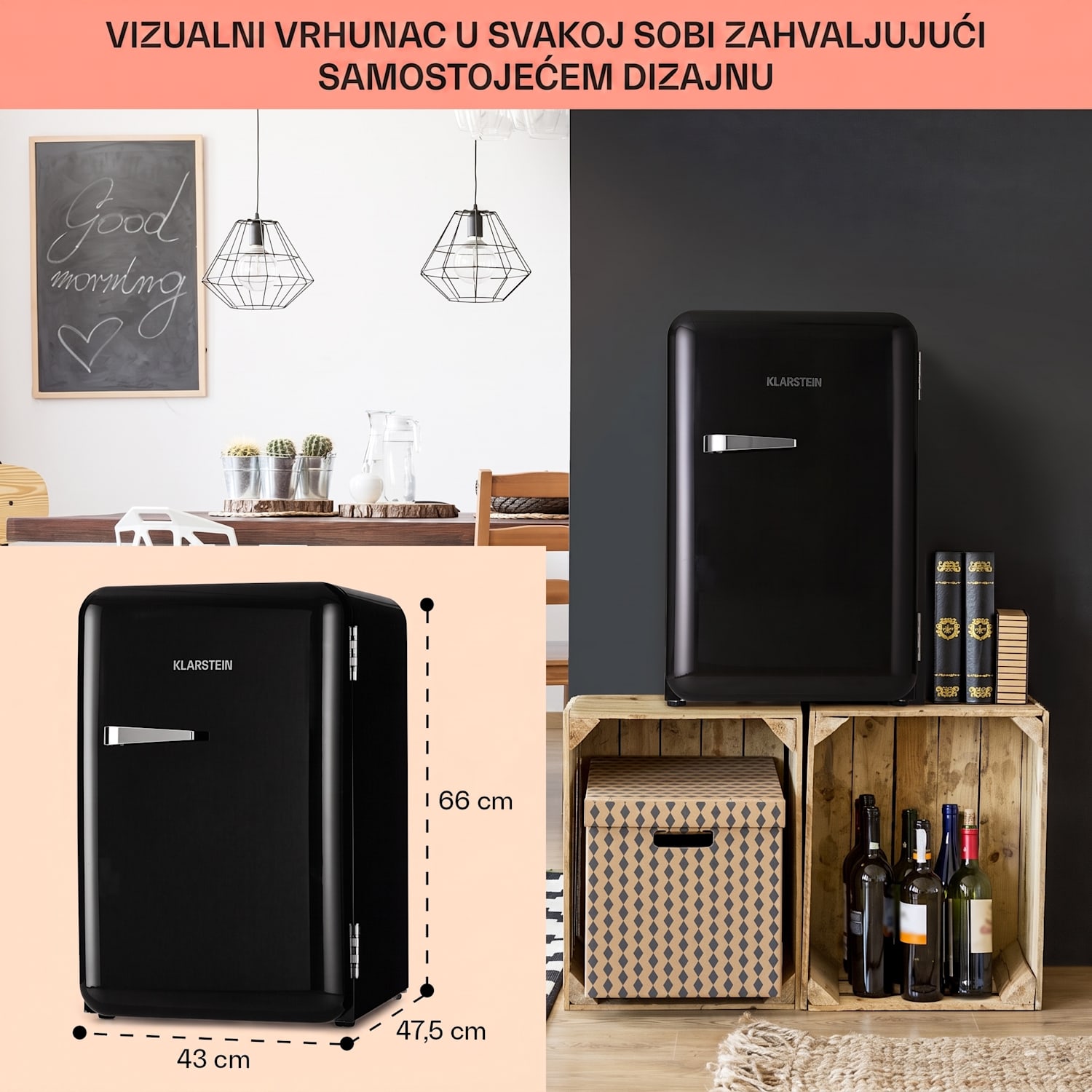 Audrey, retro hladnjak, 70 litara, 3 police, 2 pretinca u vratima, unutarnja rasvjeta 70 Ltr | Crna