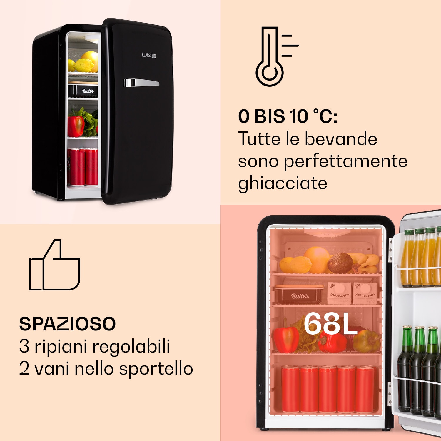 Audrey Frigorifero rétro 70 litri 3 ripiani 2 scomparti porta Illuminazione interna 70 Ltr | Nero