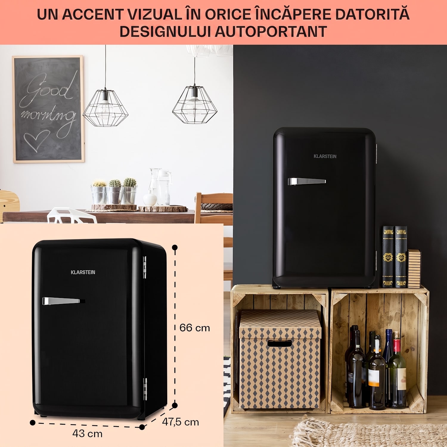 Audrey Retro, frigider, 70 litri, 3 rafturi, 2 compartimente în ușă Iluminare interioară 70 Ltr | Negru