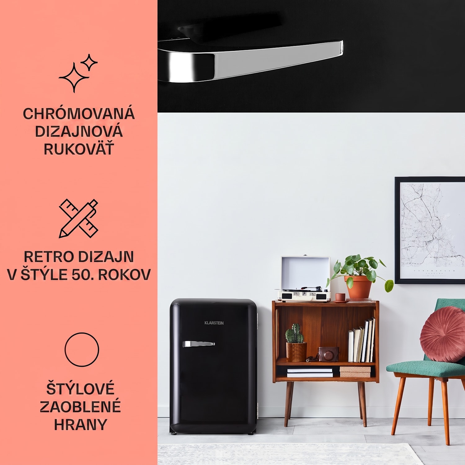 Audrey, retro chladnička, 70 l, 3 police, 2 priehradky vo dverách, vnútorné osvetlenie 70 Ltr | Čierna