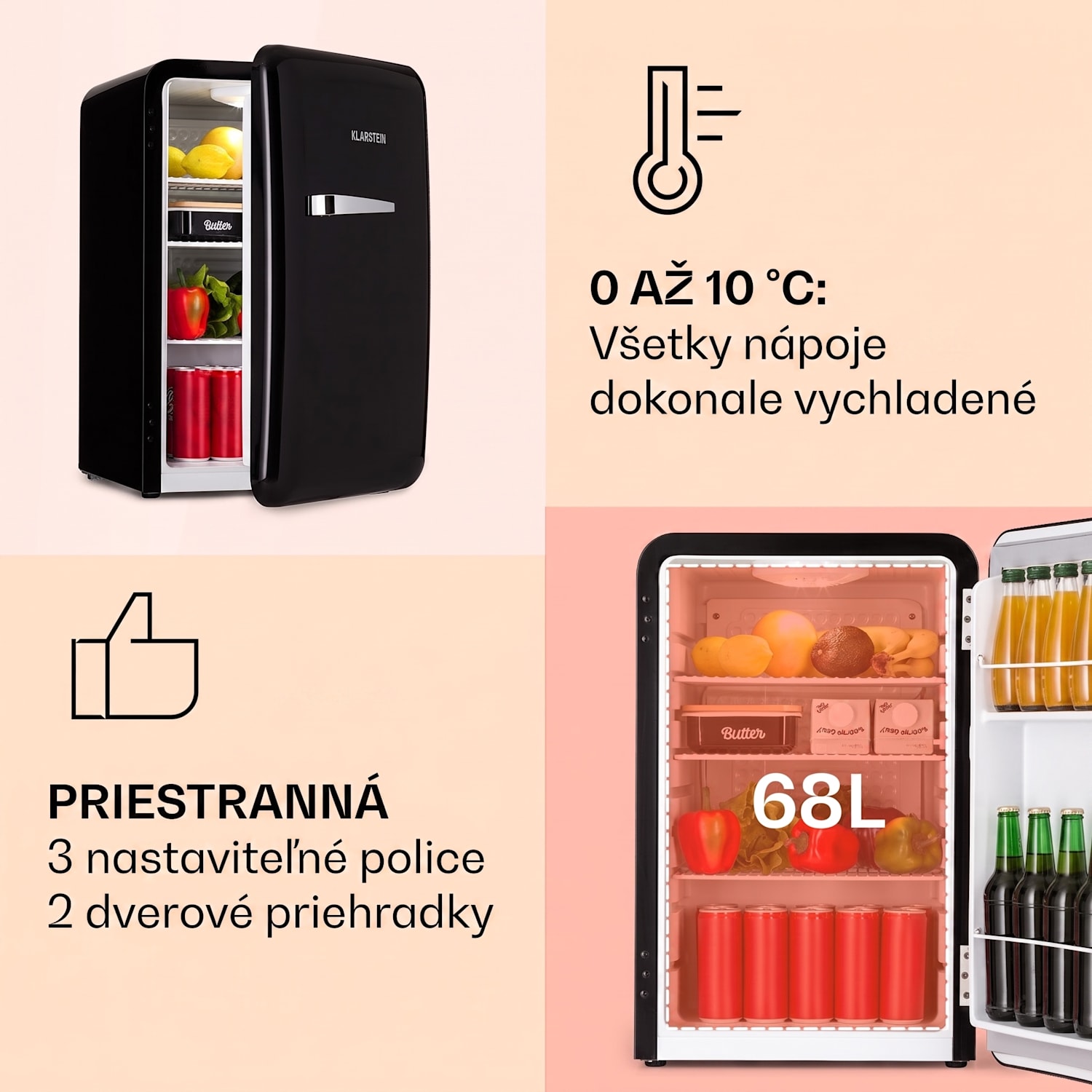 Audrey, retro chladnička, 70 l, 3 police, 2 priehradky vo dverách, vnútorné osvetlenie 70 Ltr | Čierna