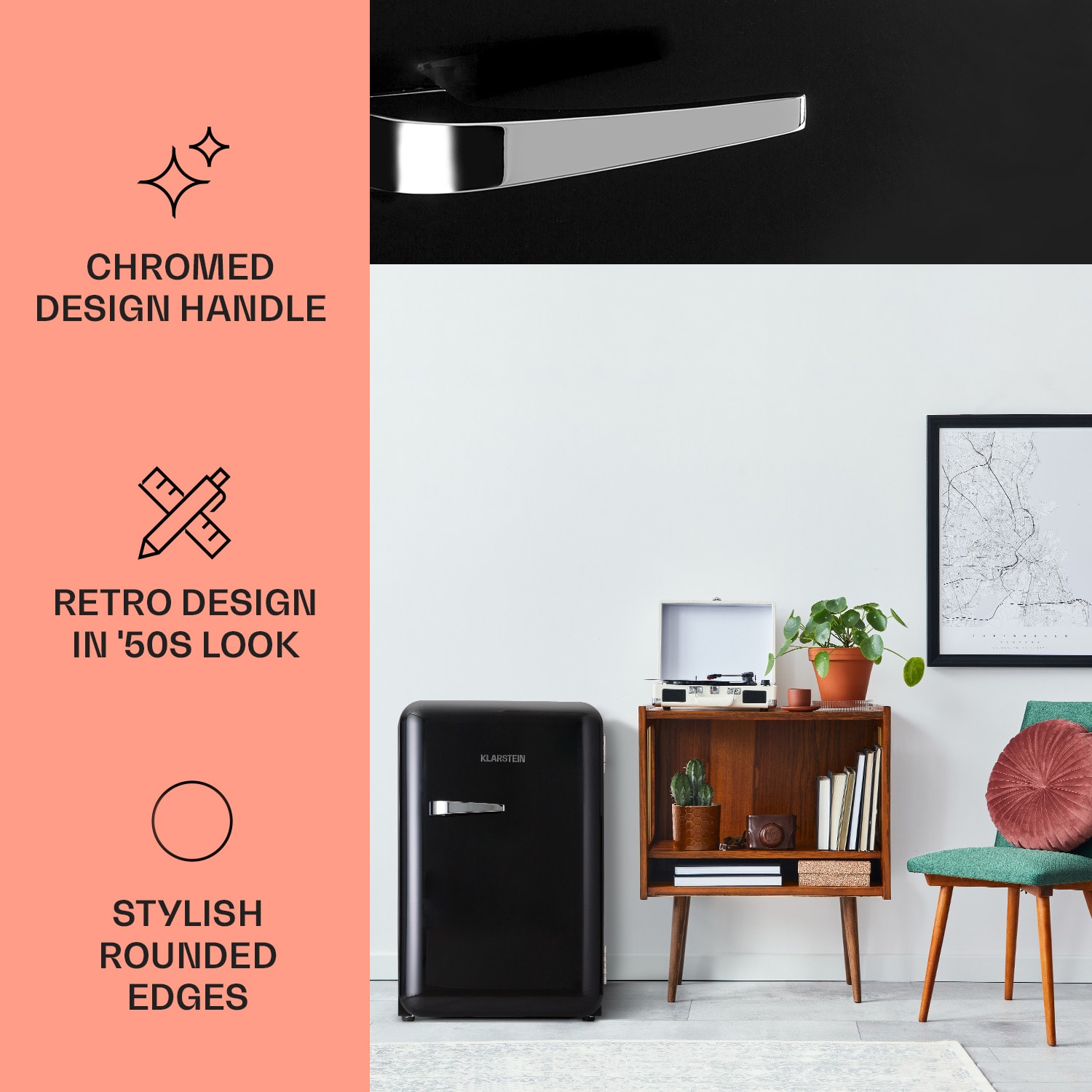 Audrey Retro, hladilnik, 70 litrov, 3 police, 2 predala v vratih, Notranja osvetlitev 70 Ltr | Črna