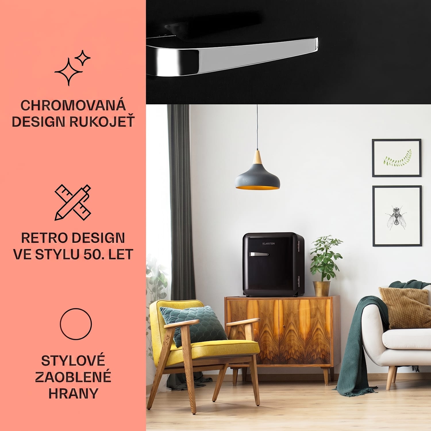 Audrey Mini, retro lednice, 48 l, 2 úrovně, energetická třída F 48 litrů | Černá