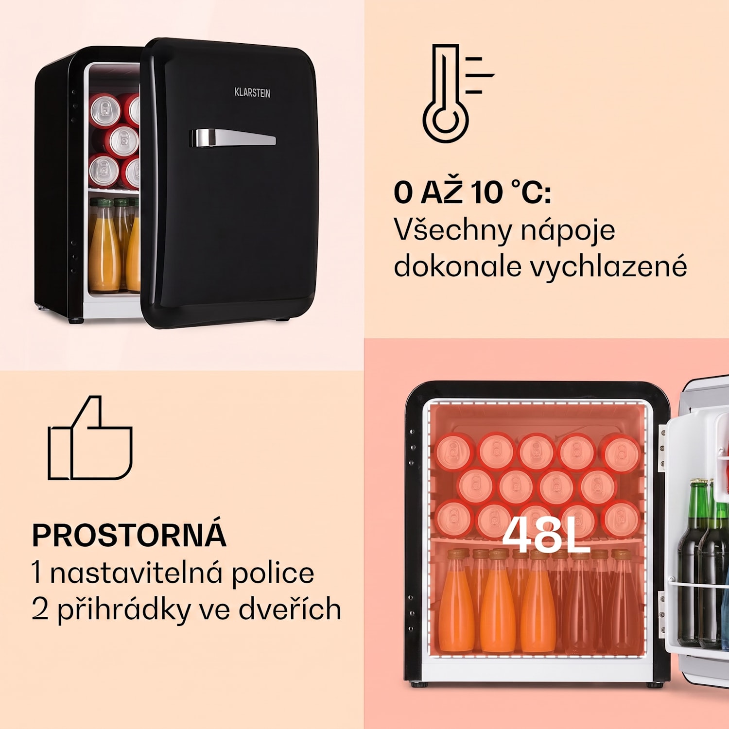Audrey Mini, retro lednice, 48 l, 2 úrovně, energetická třída F 48 litrů | Černá