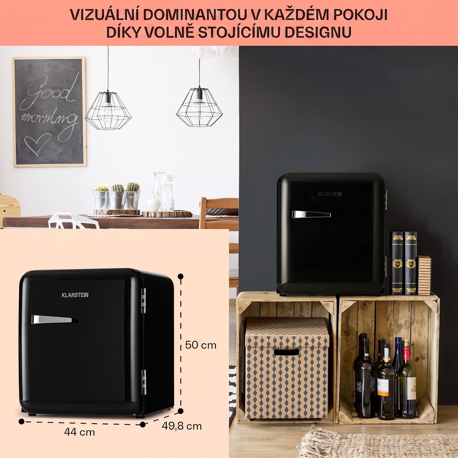 Audrey Mini, retro lednice, 48 l, 2 úrovně, energetická třída F 48 litrů | Černá