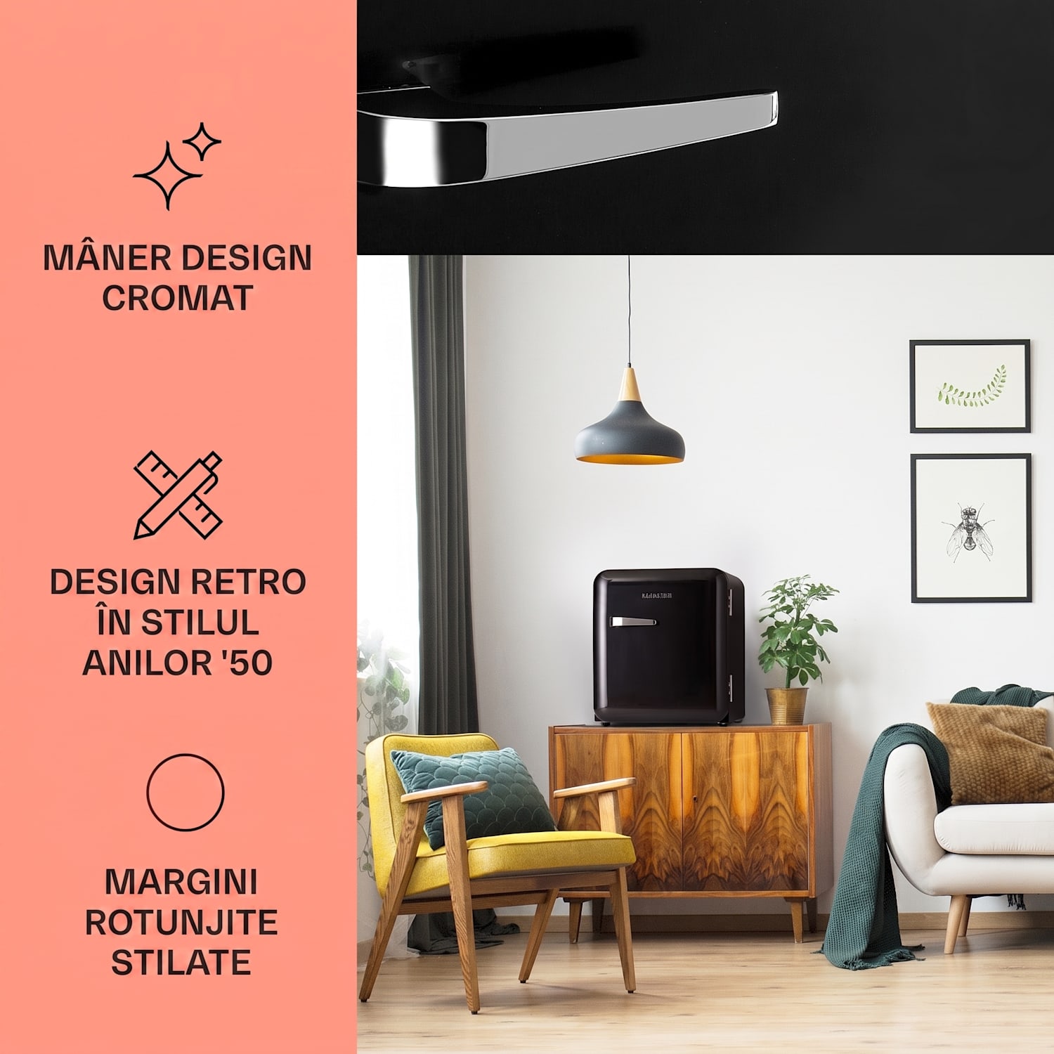 Audrey Mini, frigider retro, 48 l, 2 nivele, F 48 Ltr | Negru