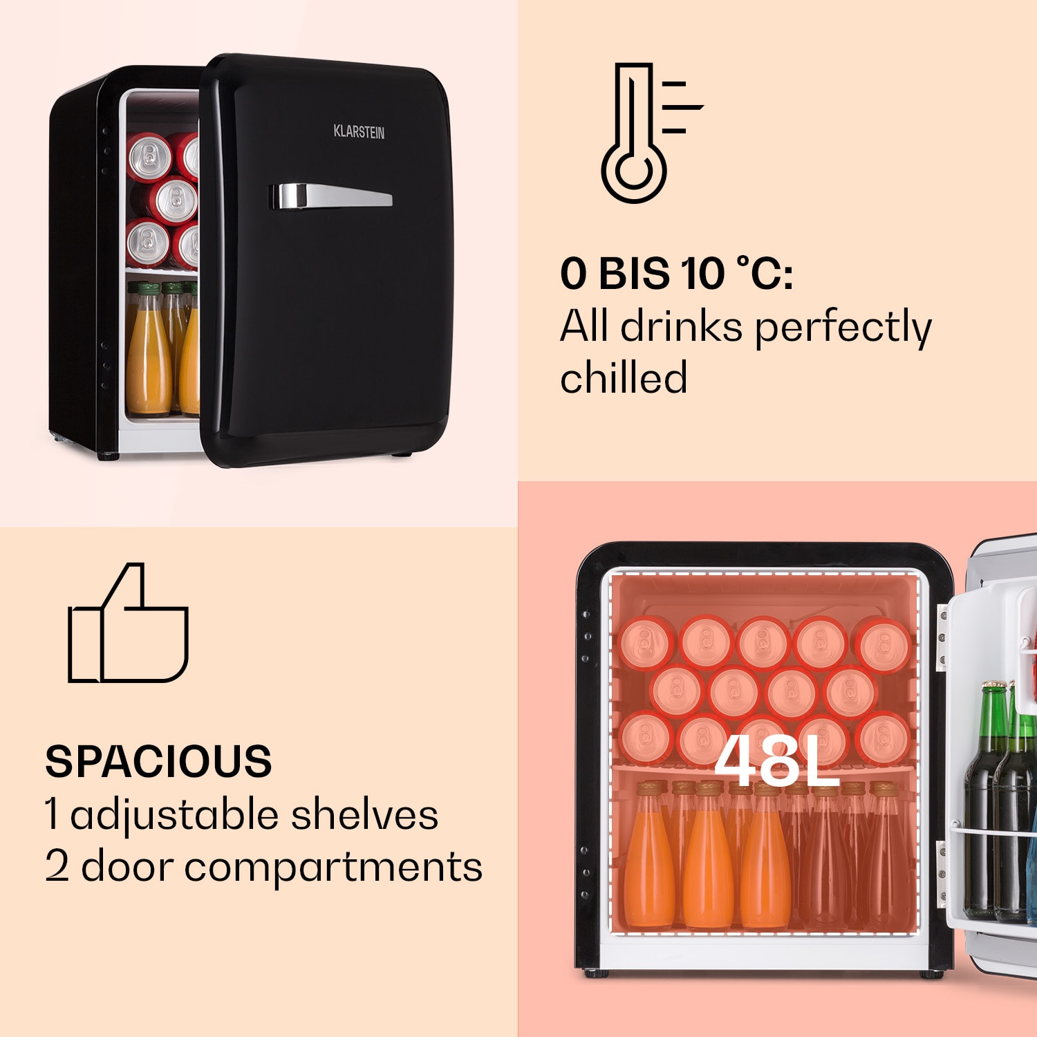 Audrey Mini, retro hűtőszekrény, 48 literes, 2 szintes 48 Ltr | Fekete