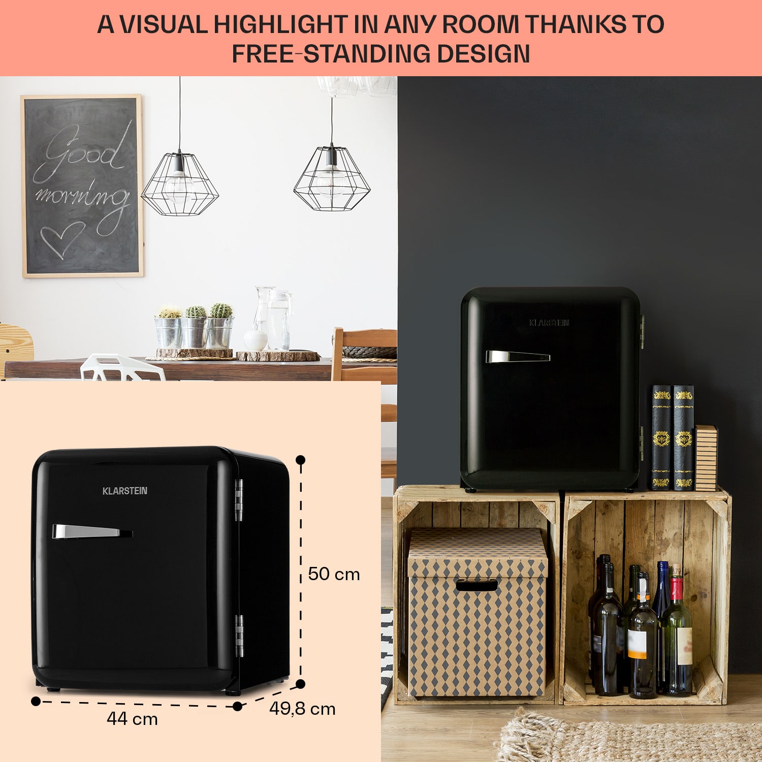 Audrey Mini, retro hűtőszekrény, 48 literes, 2 szintes 48 Ltr | Fekete