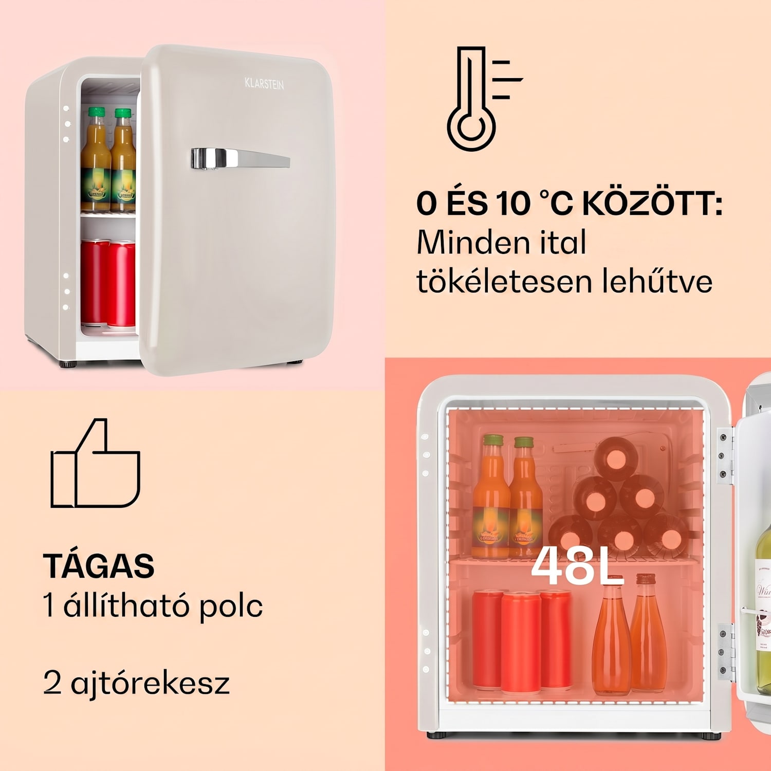 Audrey Mini, retró hűtőszekrény, 48 l, 2 szint, F energiaosztály 48 L | Vintage krém