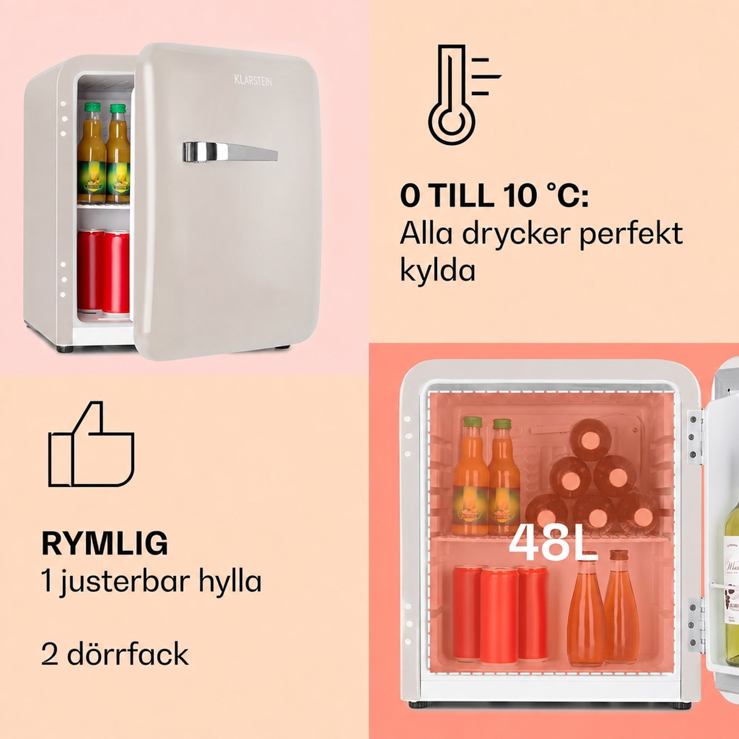 Audrey mini retrokylskåp 48 l 2 nivåer 48 L | Vintage Creme