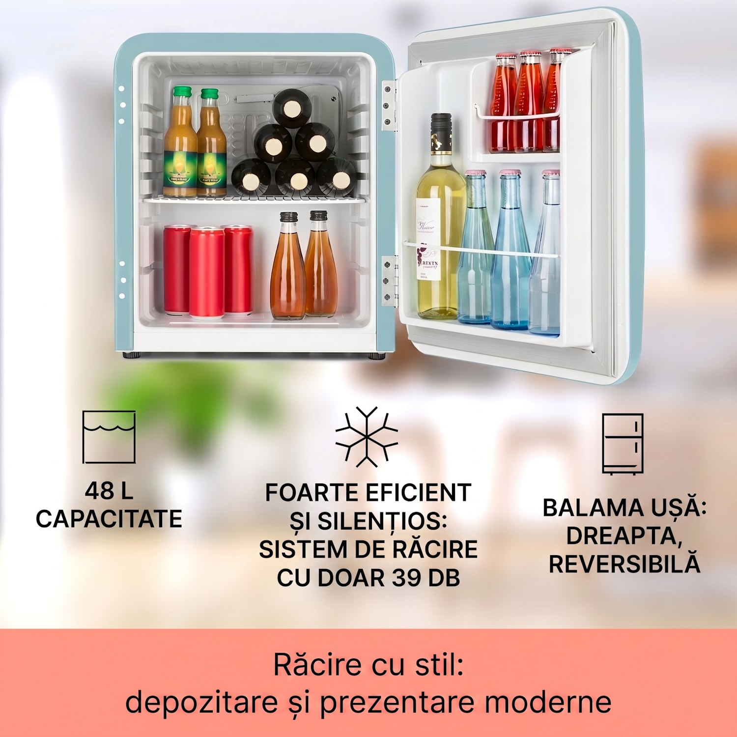 Audrey Mini, frigider retro, 48 l, 2 nivele. clasa F 48 Ltr | Albastru pastel