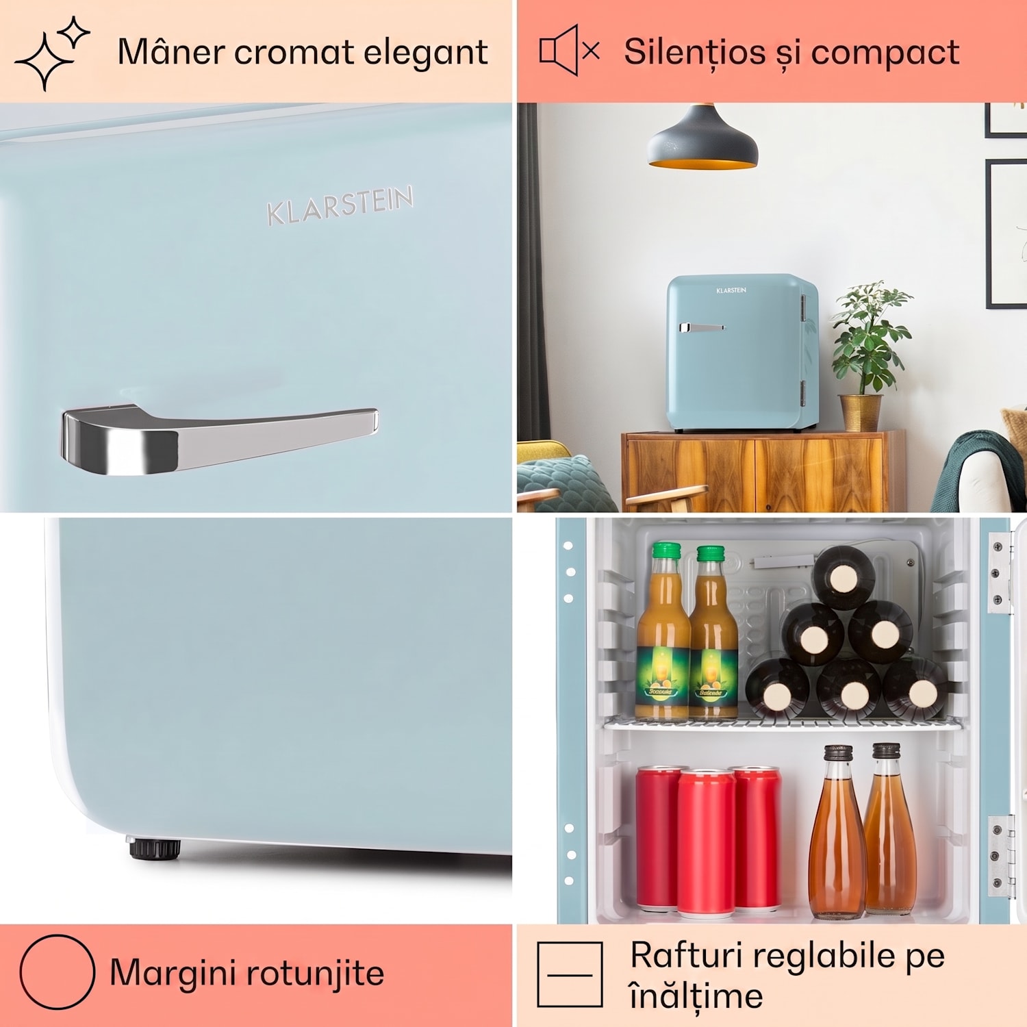 Audrey Mini, frigider retro, 48 l, 2 nivele. clasa F 48 Ltr | Albastru pastel
